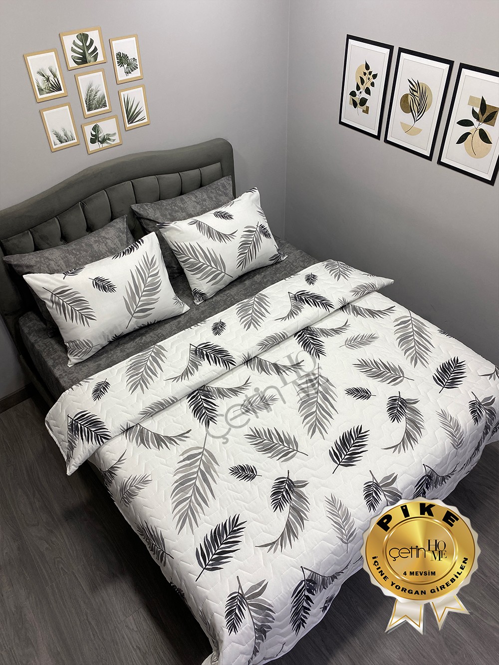 Çetinhome Çift Kişilik Çarşafı Lastikli Kapitone Pike Takımı 4 Mevsim Palm