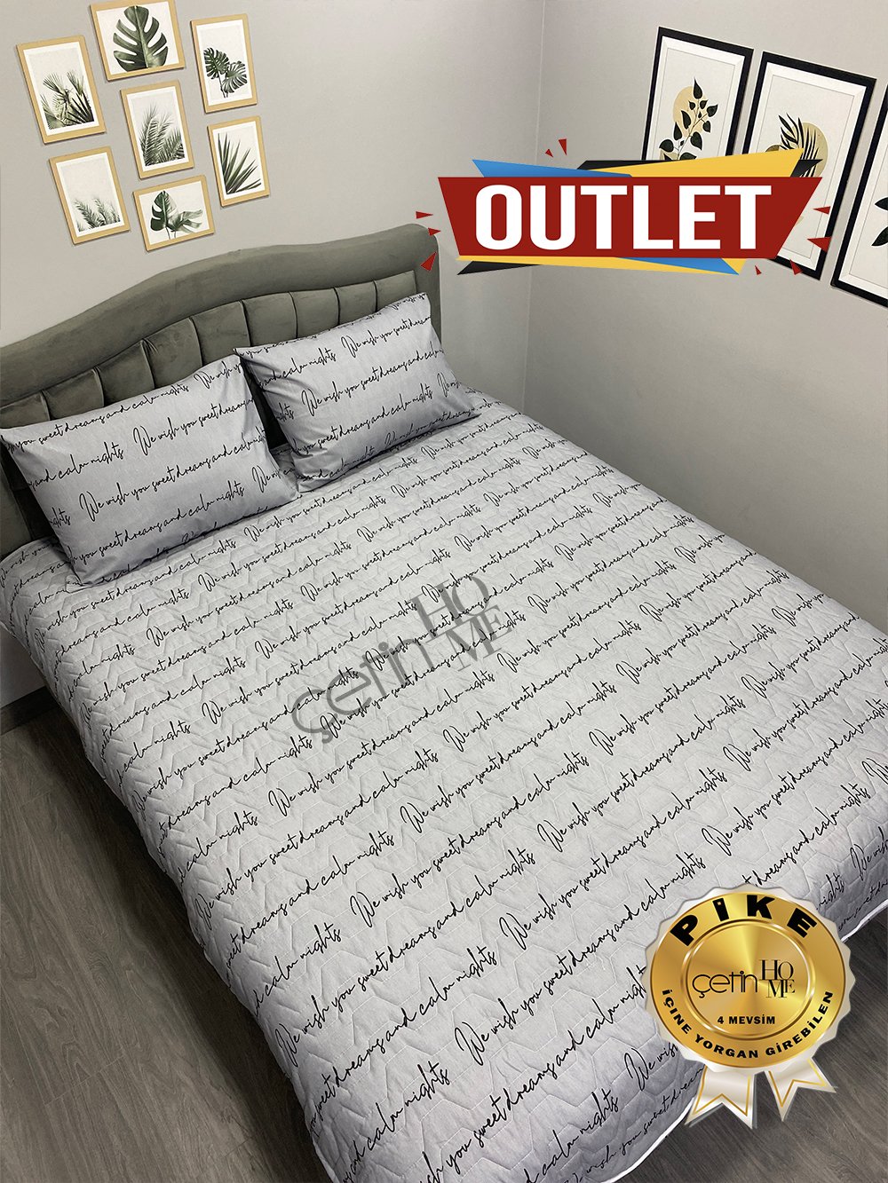 Outlet Çift Kişilik Kapitone Pike Seti 4 Mevsim Latin Gri