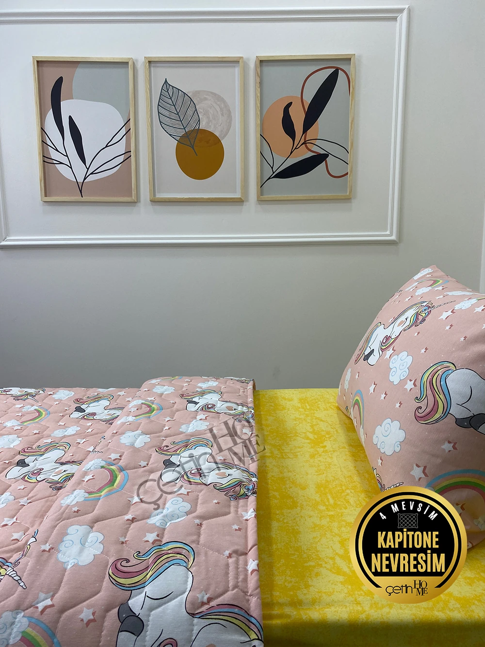 Çetinhome Tek Kişilik Çarşafı Lastikli Kapitone Pike Takımı 4 Mevsim Unicorn