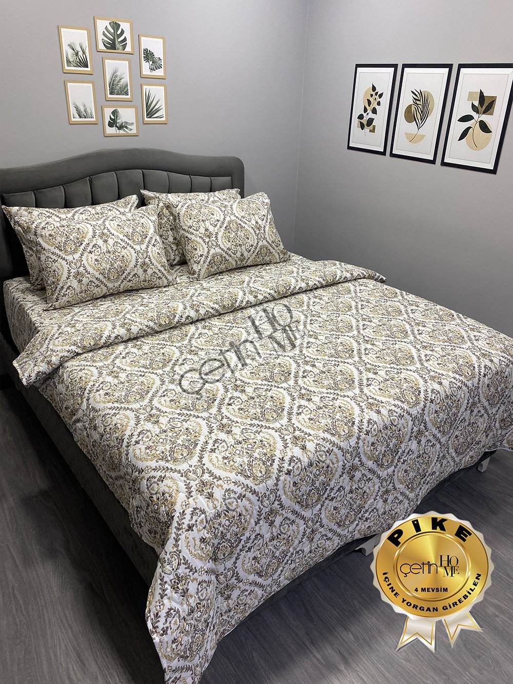 Çetinhome Çift Kişilik Çarşafı Lastikli Kapitone Pike Takımı 4 Mevsim Harem Gold