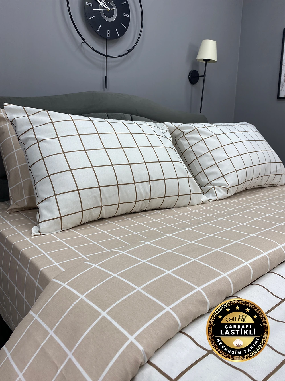 Çetinhome Çarşafı Lastikli Çift Kişilik Nevresim Takımı Kare Bej