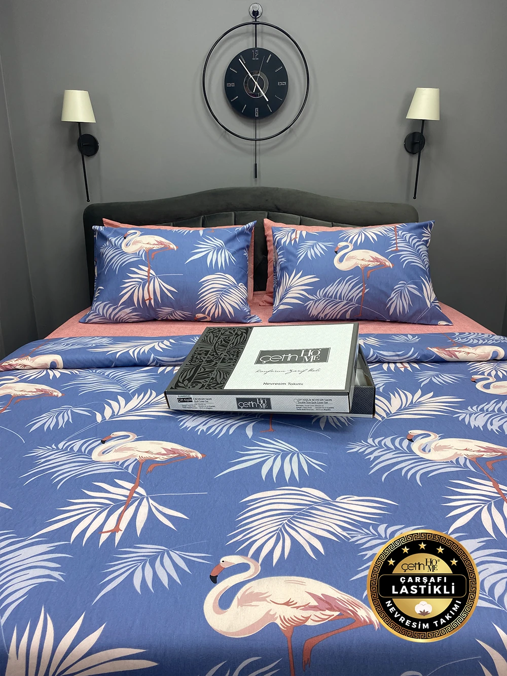Çetinhome Çarşafı Lastikli Çift Kişilik Nevresim Takımı Kuğu