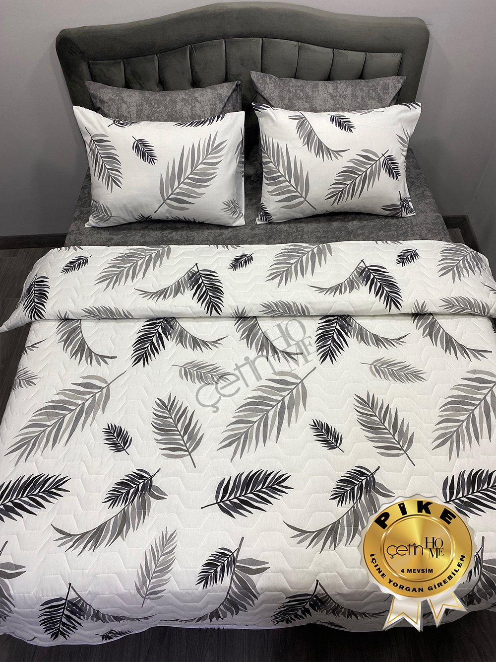 Çetinhome Çift Kişilik Çarşafı Lastikli Kapitone Pike Takımı 4 Mevsim Palm