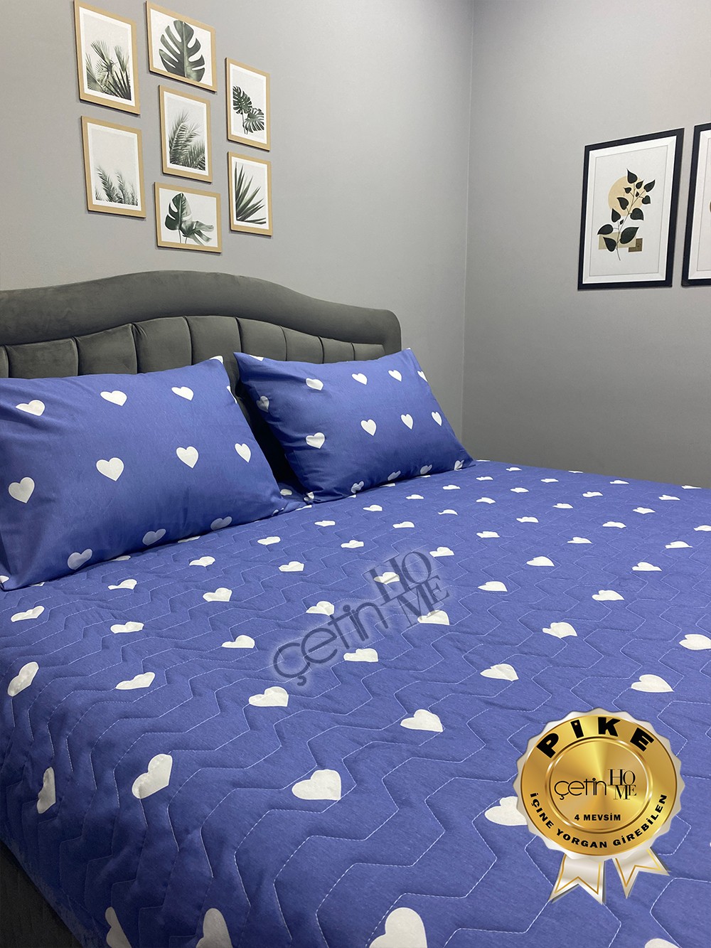 Çetinhome Çift Kişilik Kapitone Pike Seti 4 Mevsim Blue Kalp