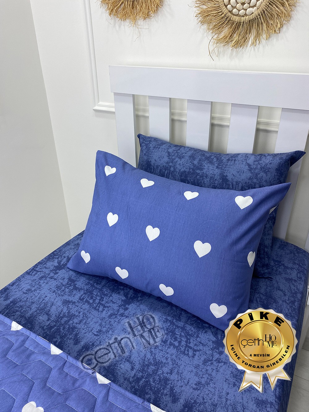Çetinhome Tek Kişilik Çarşafı Lastikli Kapitone Pike Takımı 4 Mevsim Blue Kalp