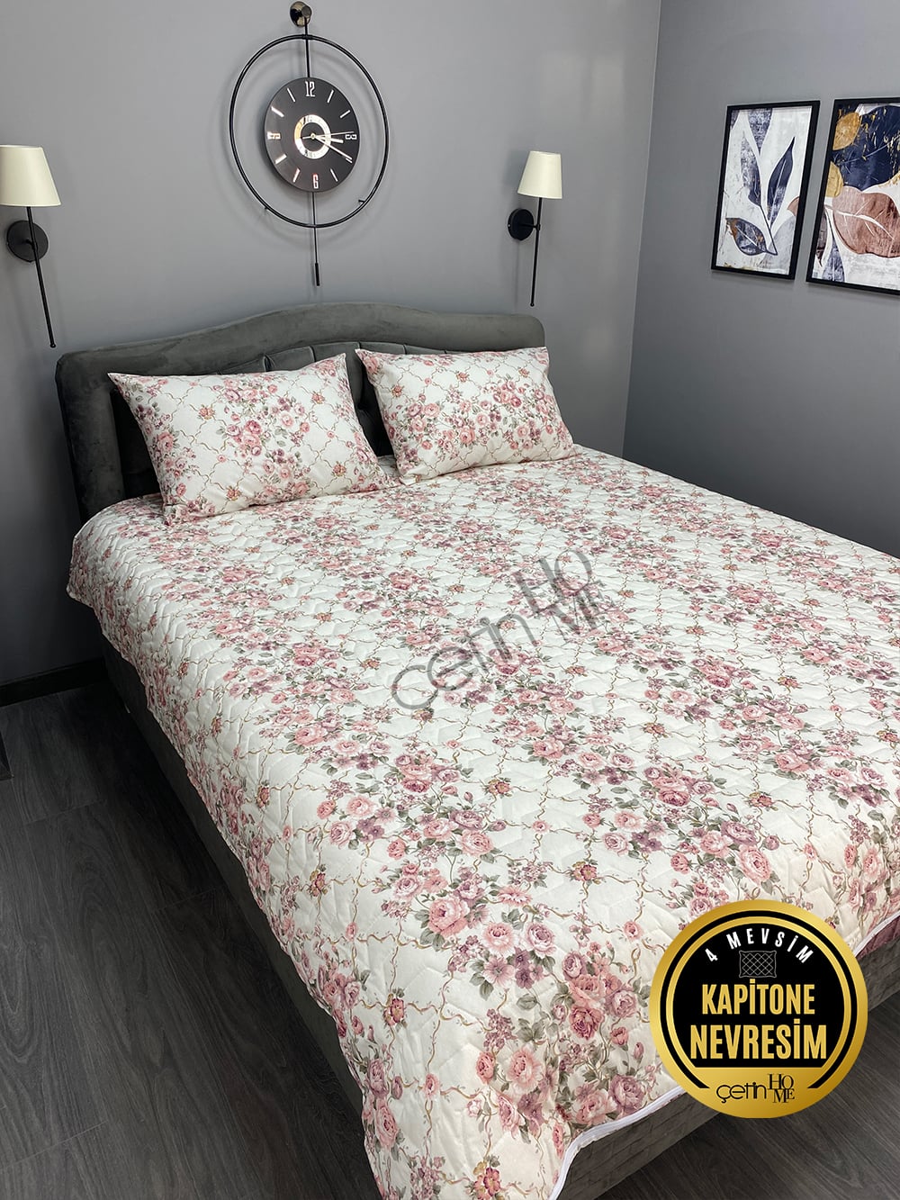 Çetinhome Çift Kişilik Kapitone Pike Seti 4 Mevsim Güz Gülleri