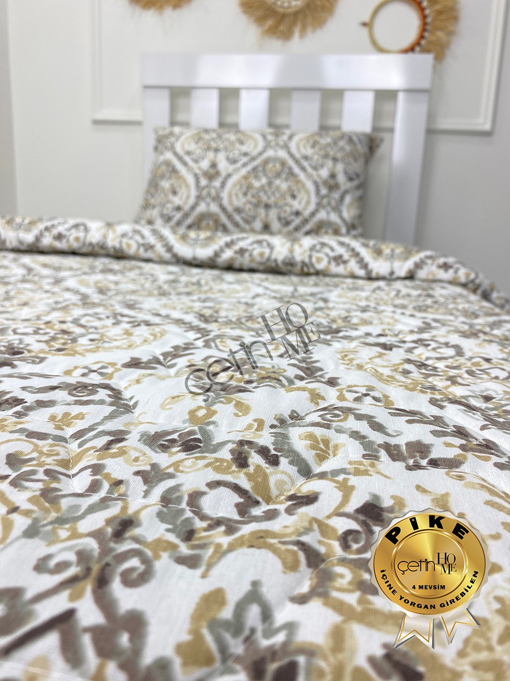 Çetinhome Tek Kişilik Çarşafı Lastikli Kapitone Pike Takımı 4 Mevsim Harem Gold