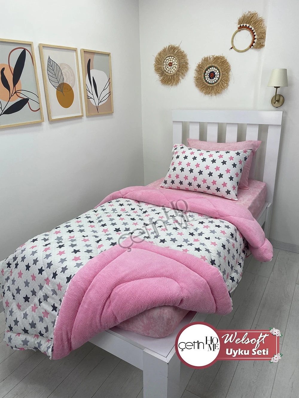 Çetinhome Tek Kişilik Çarşafı Lastikli Desenli Welsoft Yorgan Yıldız Pudra