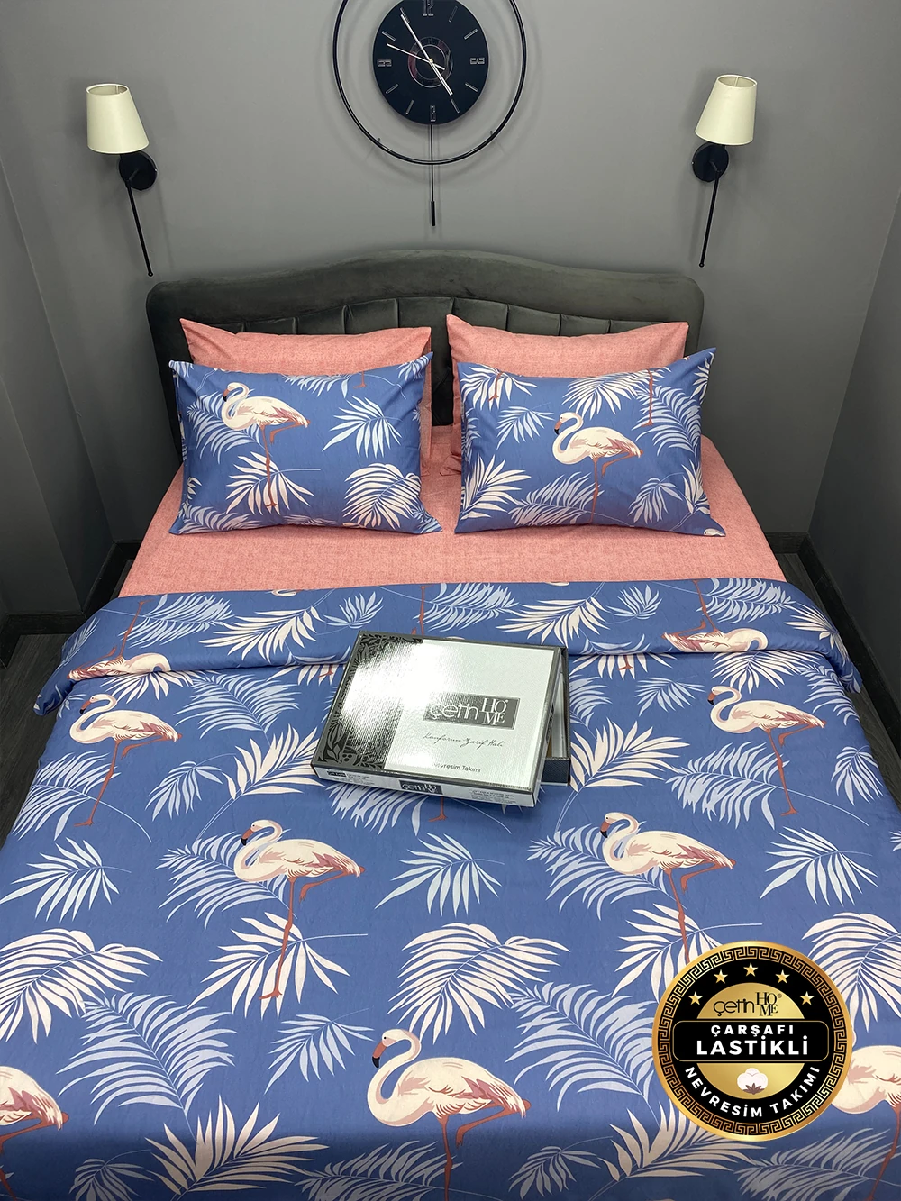 Çetinhome Çarşafı Lastikli Çift Kişilik Nevresim Takımı Kuğu