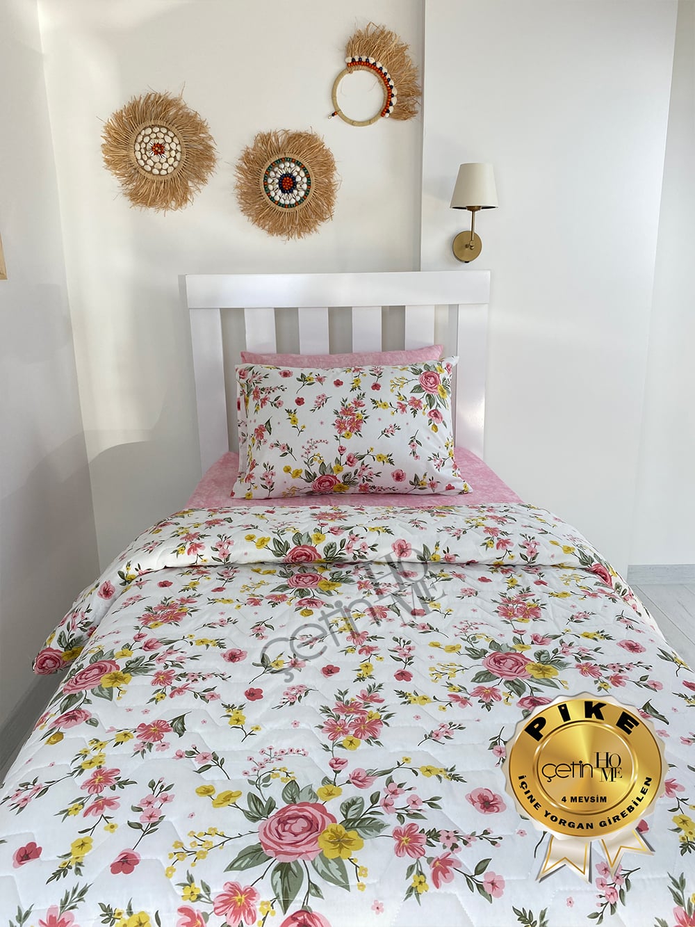 Çetinhome Tek Kişilik Çarşafı Lastikli Kapitone Pike Takımı 4 Mevsim Gülben