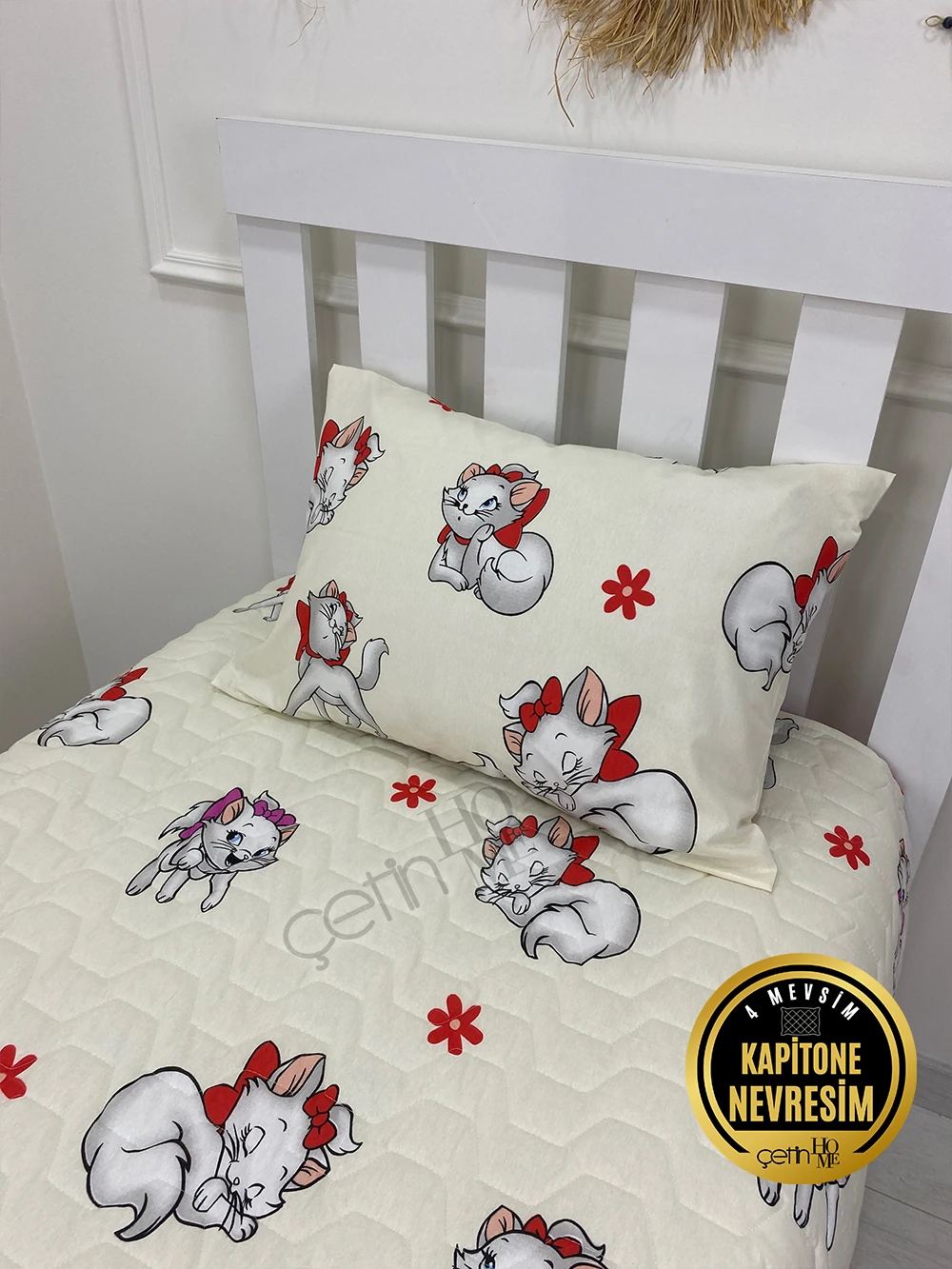 Çetinhome Tek Kişilik Kapitone Pike Seti 4 Mevsim Sevimli Kedi