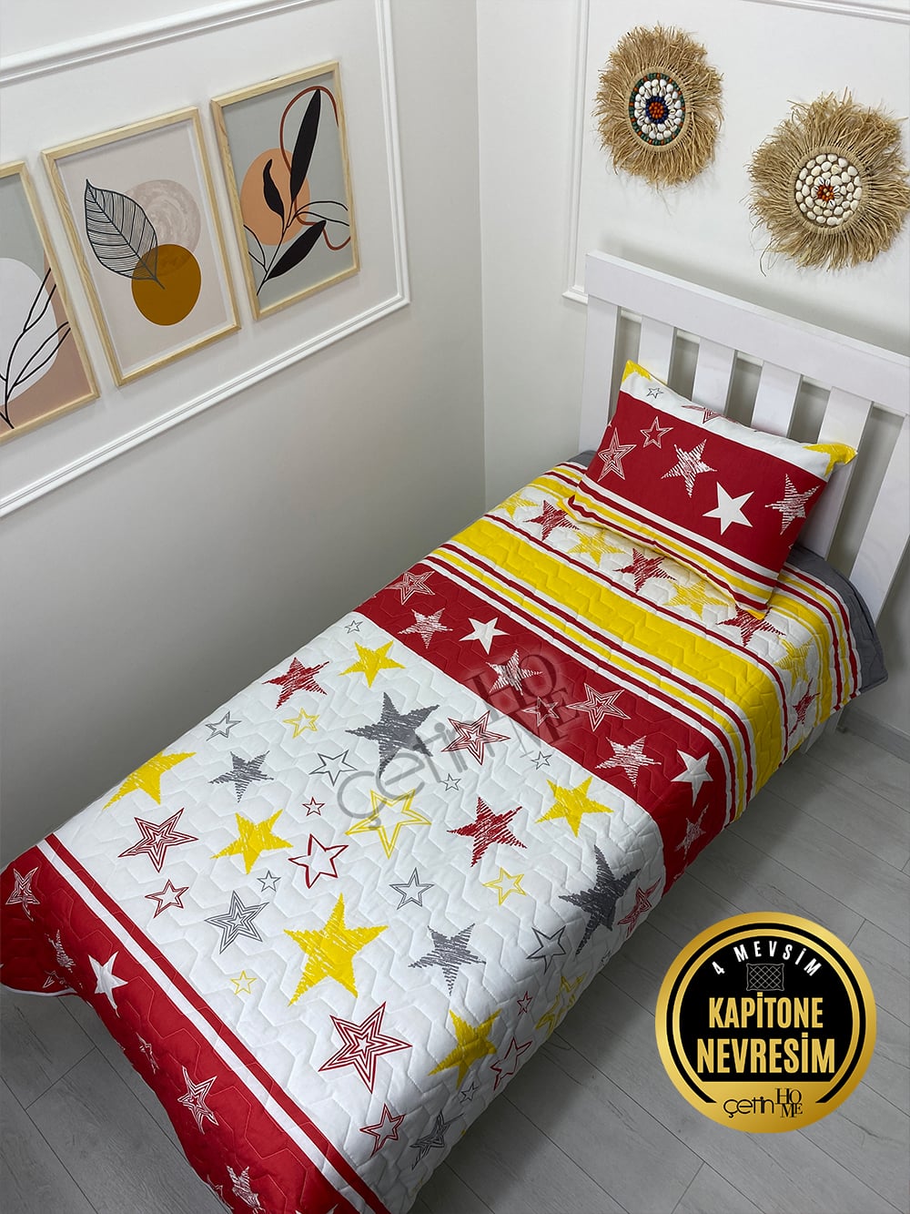 Çetinhome Tek Kişilik Kapitone Pike Seti 4 Mevsim Sarı Kırmızı