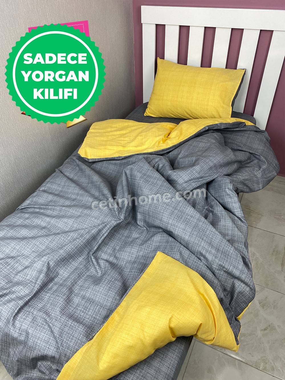 Tek Kişilik Yorgan Kılıfı Fırça Gri Sarı