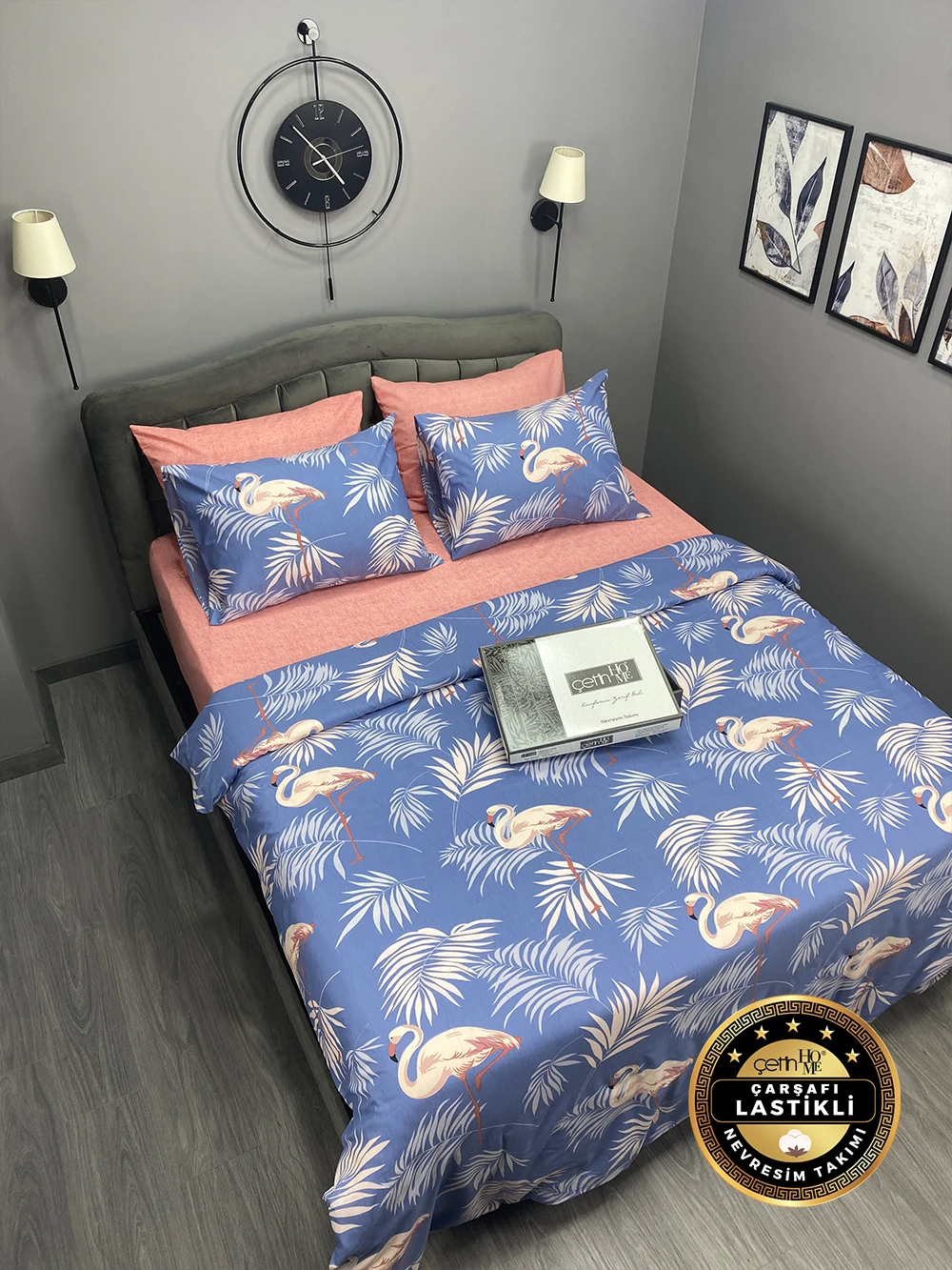 Çetinhome Çarşafı Lastikli Çift Kişilik Nevresim Takımı Kuğu
