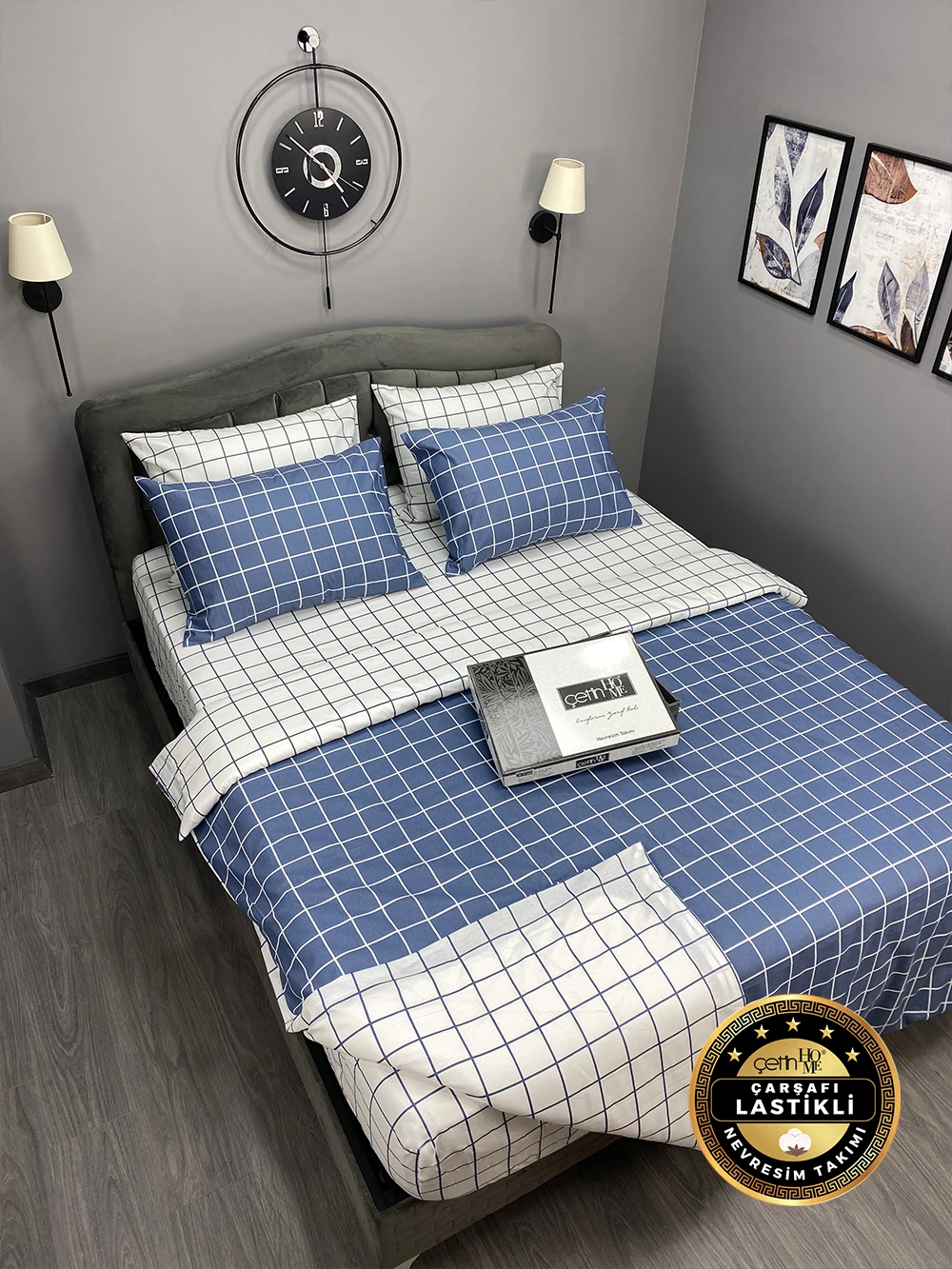 Çetinhome Çarşafı Lastikli Çift Kişilik Nevresim Takımı Kare Mavi