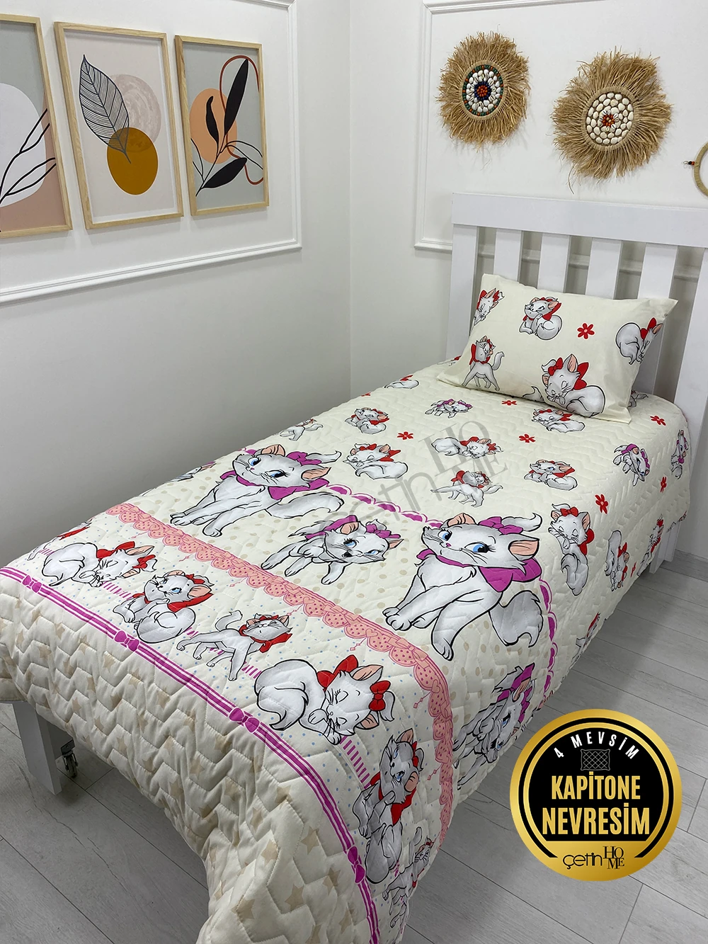 Çetinhome Tek Kişilik Kapitone Pike Seti 4 Mevsim Sevimli Kedi