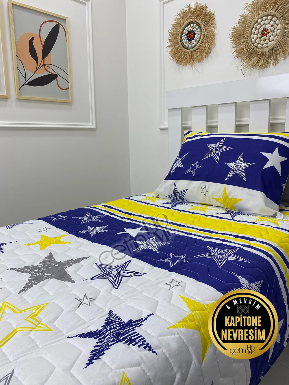 Çetinhome Tek Kişilik Kapitone Pike Seti 4 Mevsim Sarı Lacivert