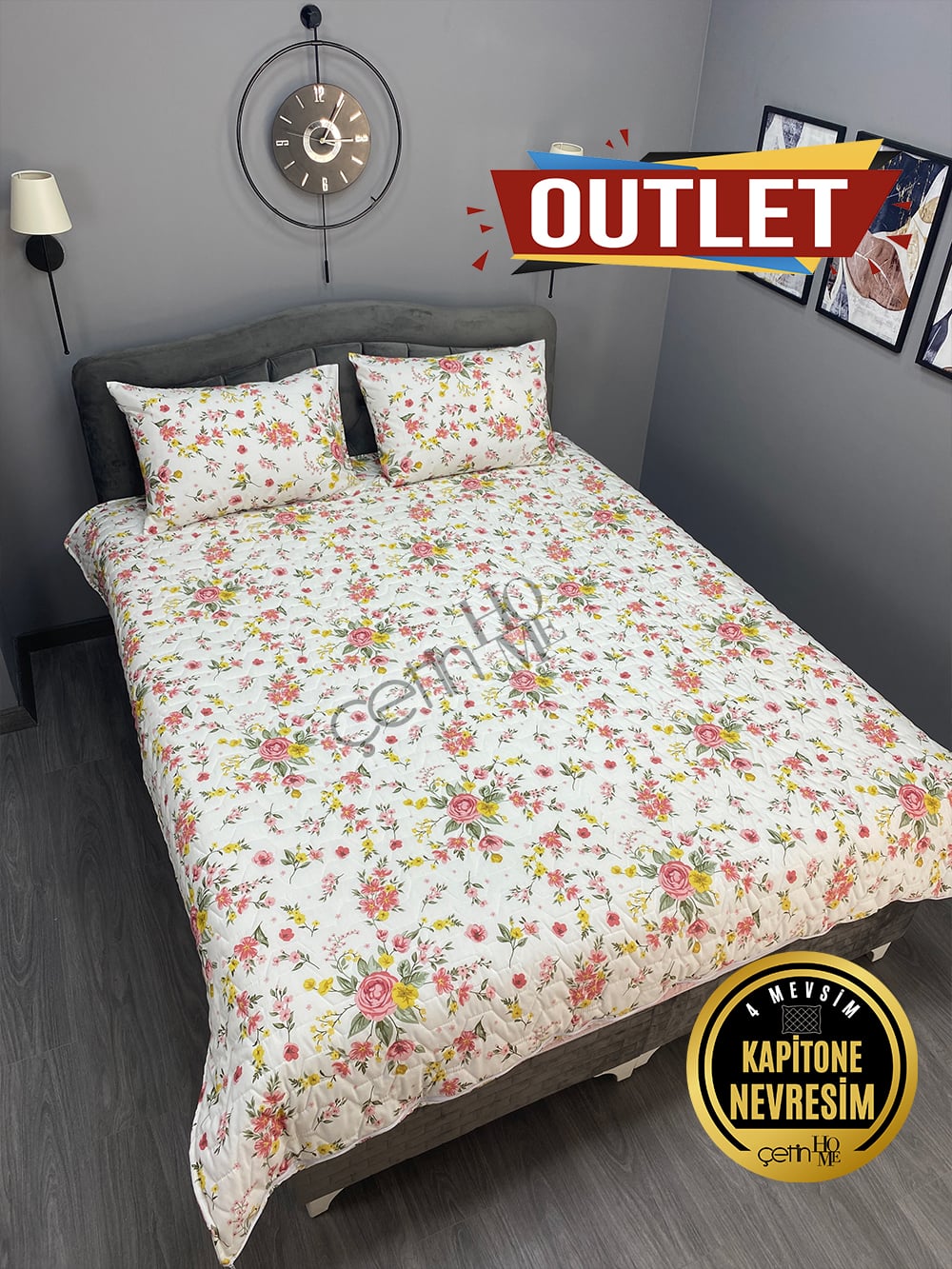 Outlet Çift Kişilik Kapitone Pike Seti 4 Mevsim Gülben