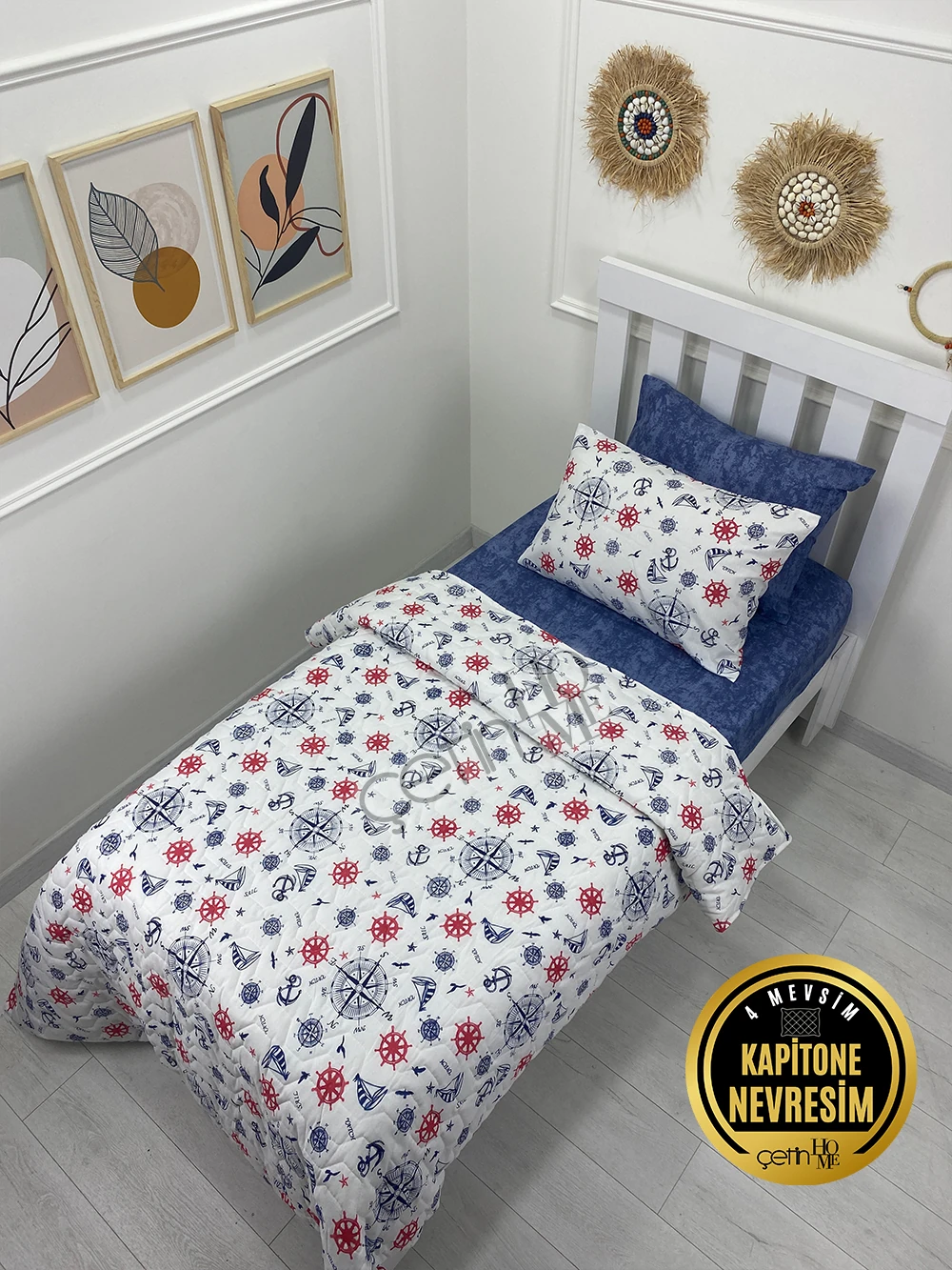 Çetinhome Tek Kişilik Çarşafı Lastikli Kapitone Pike Takımı 4 Mevsim Denizci Mavi