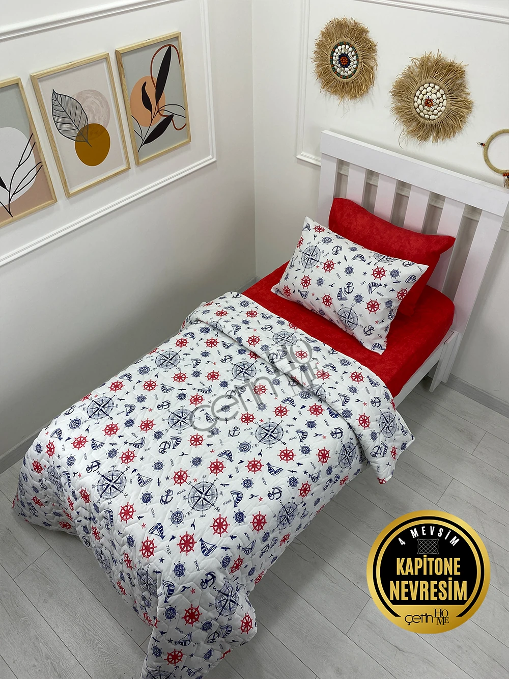 Çetinhome Tek Kişilik Çarşafı Lastikli Kapitone Pike Takımı 4 Mevsim Denizci Kırmızı