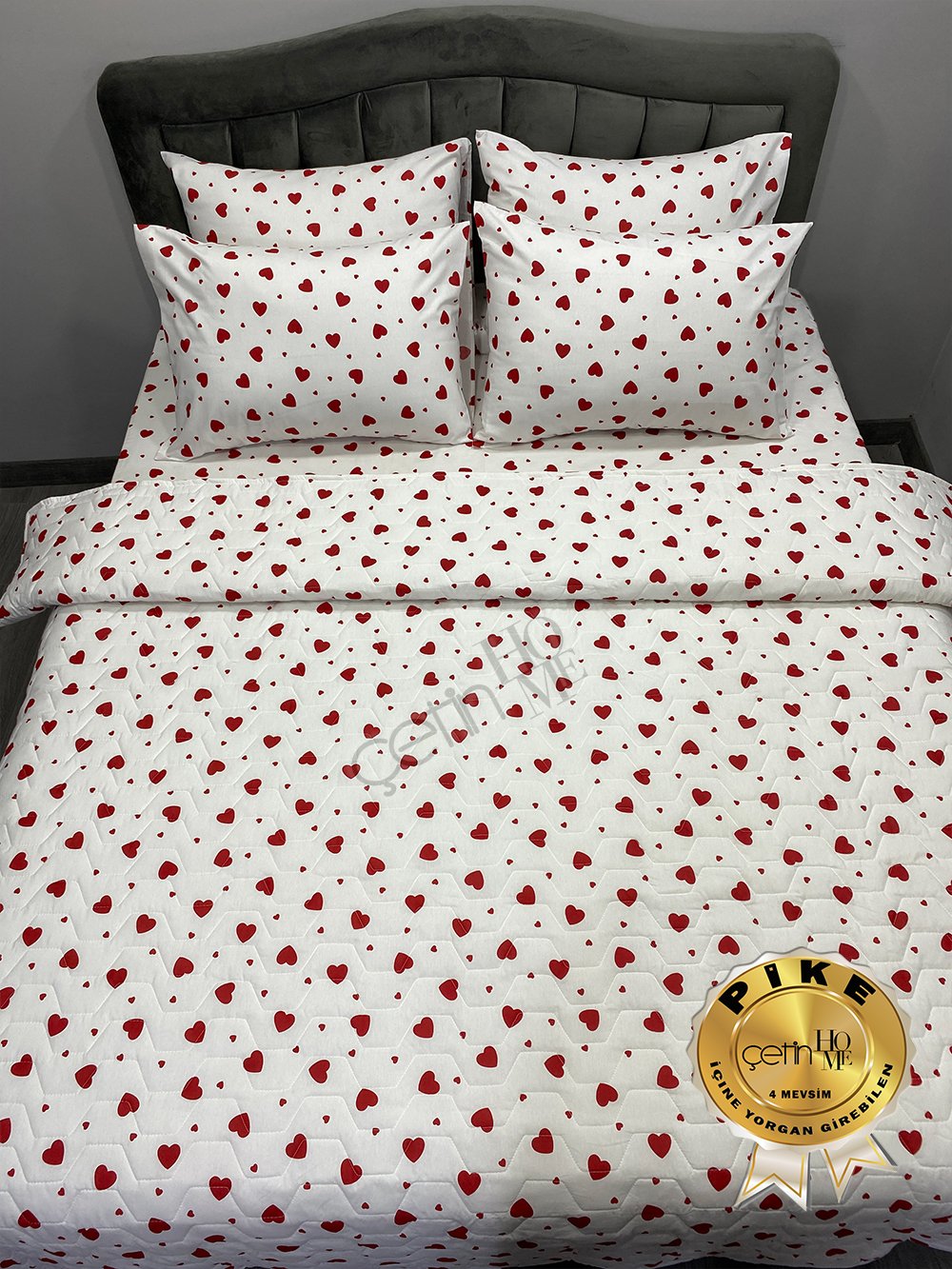 Çetinhome Çift Kişilik Çarşafı Lastikli Kapitone Pike Takımı 4 Mevsim Kalp