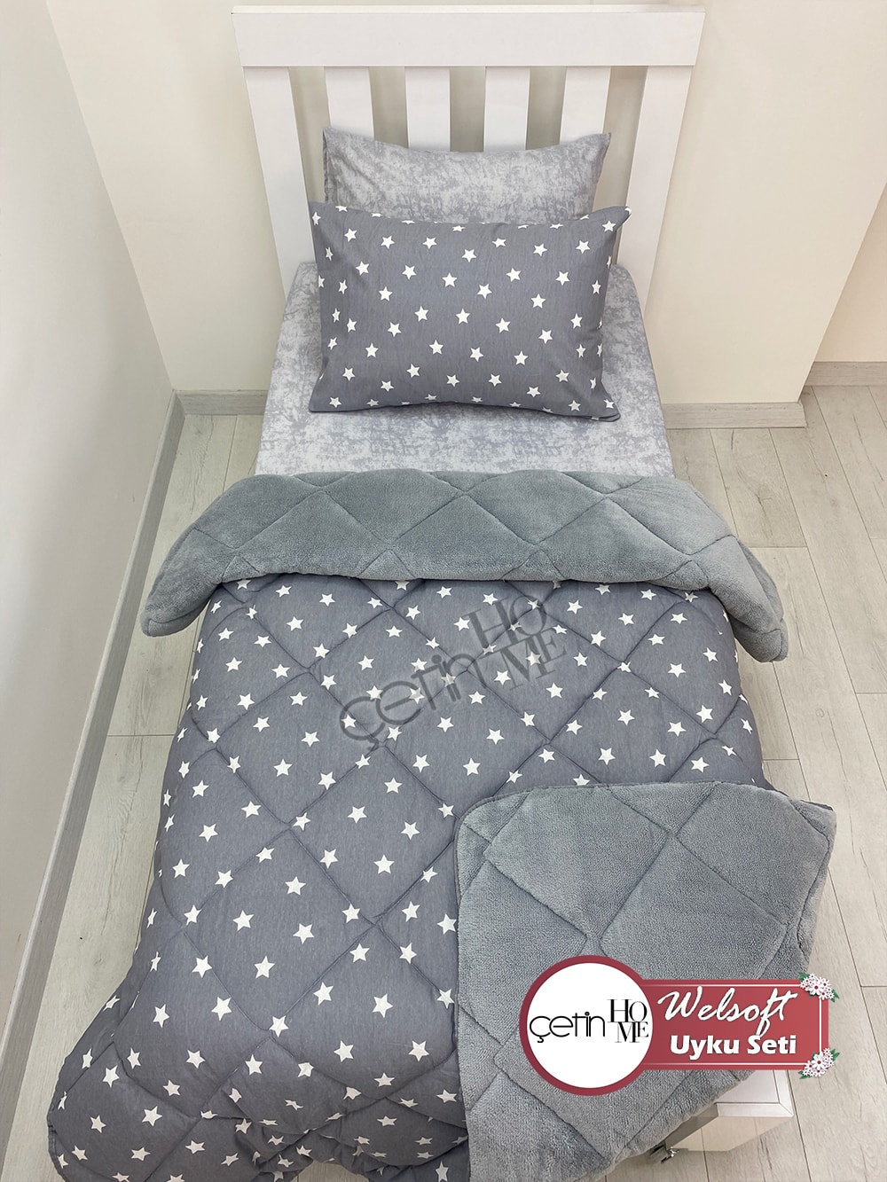 Çetinhome Tek Kişilik Çarşafı Lastikli Desenli Welsoft Yorgan Star