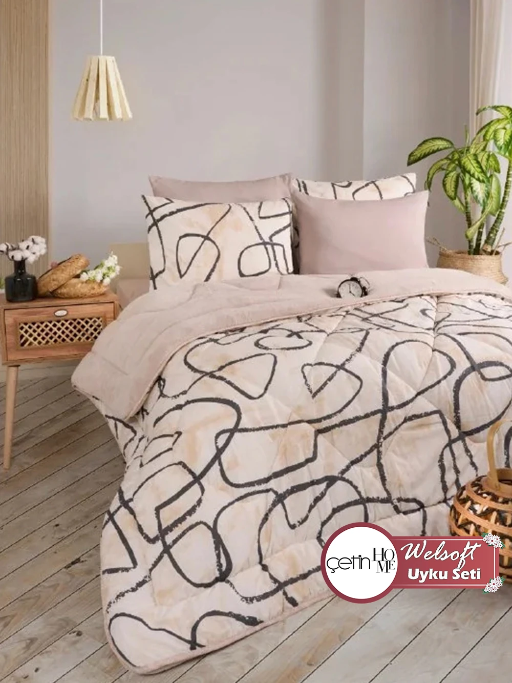 Çetinhome Çift Kişilik Çarşafı Lastikli Welsoft Uyku Seti - Efekt Bej