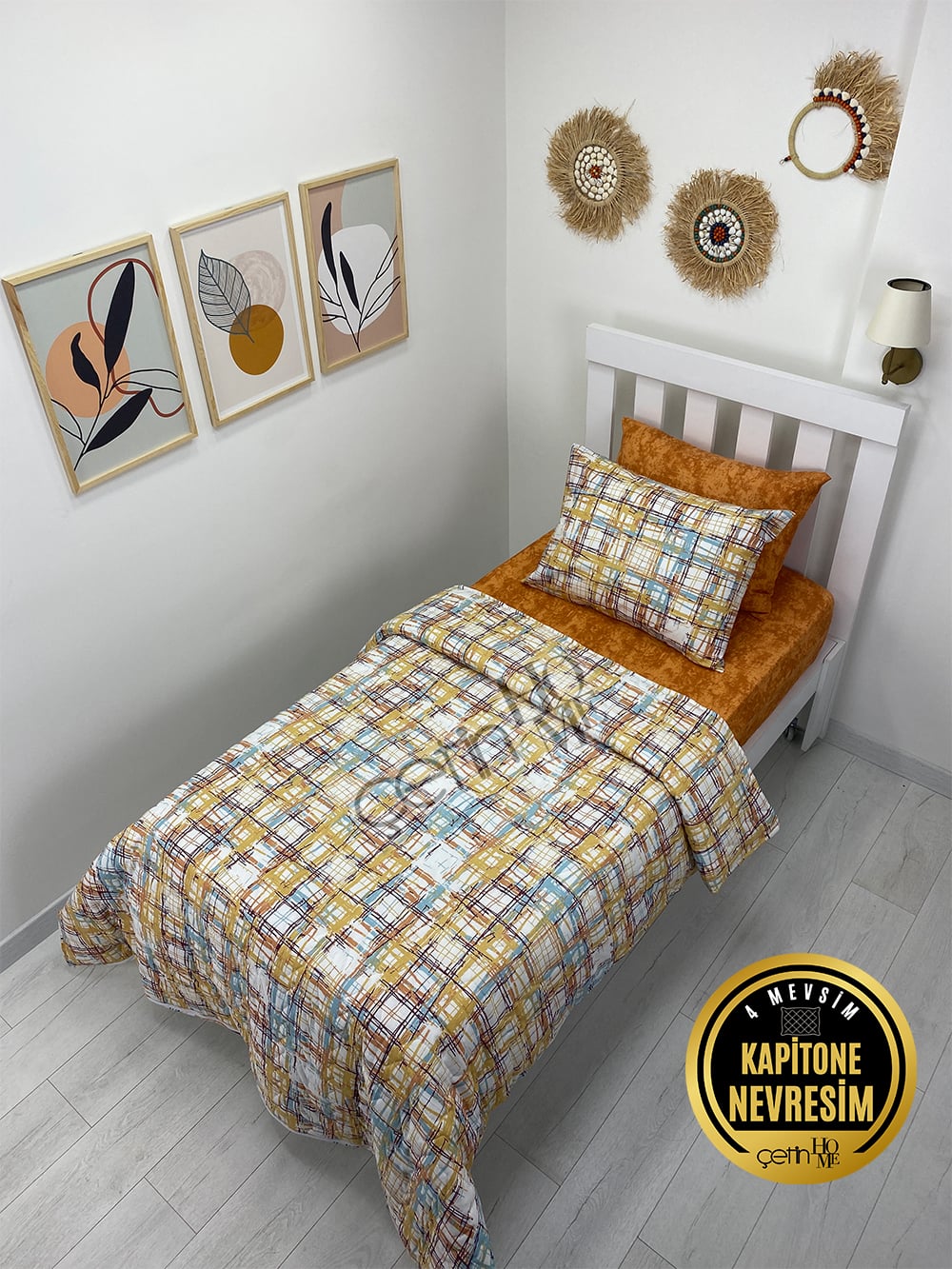 Çetinhome Tek Kişilik Çarşafı Lastikli Kapitone Pike Takımı 4 Mevsim Ebruli Kehribar