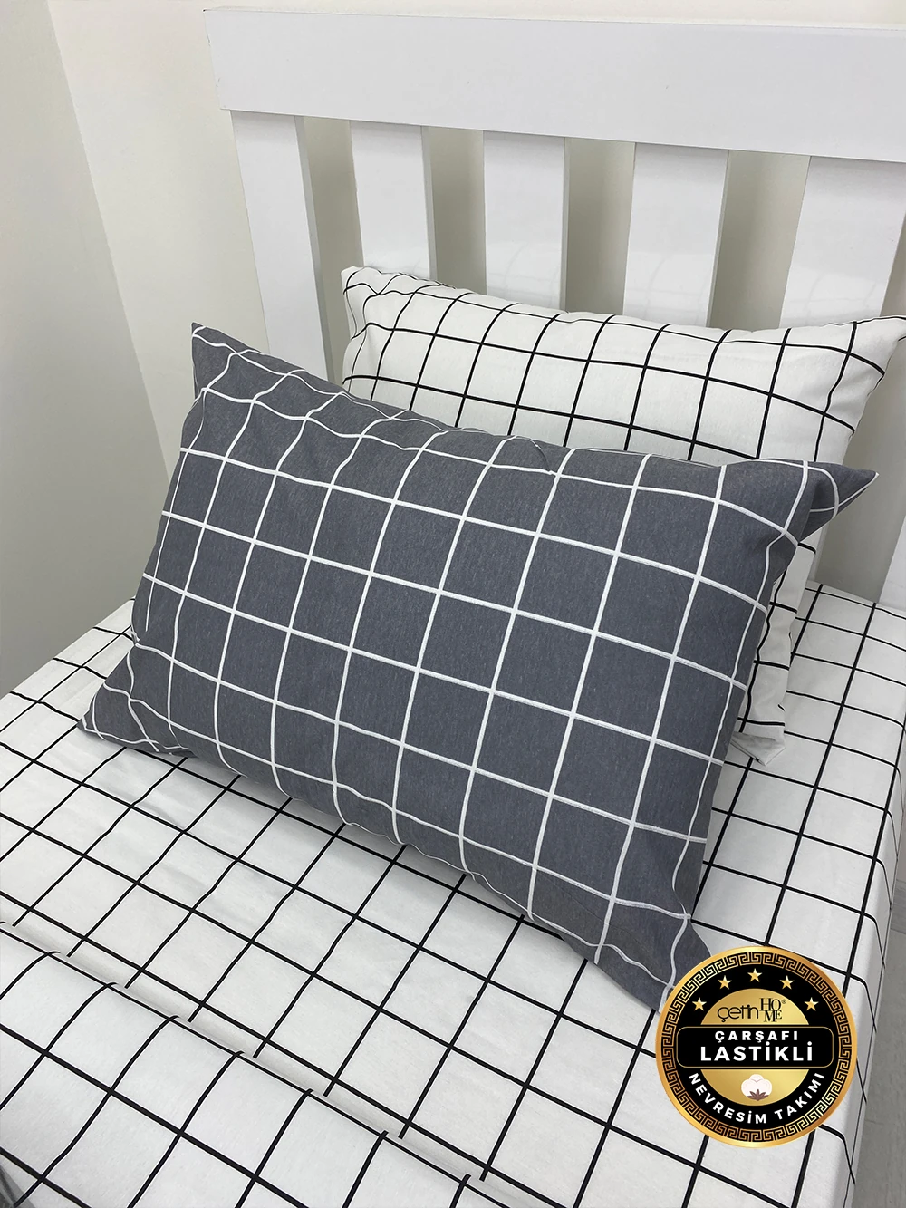 Çetinhome Çarşafı Lastikli Tek Kişilik Nevresim Takımı Kare Antrasit
