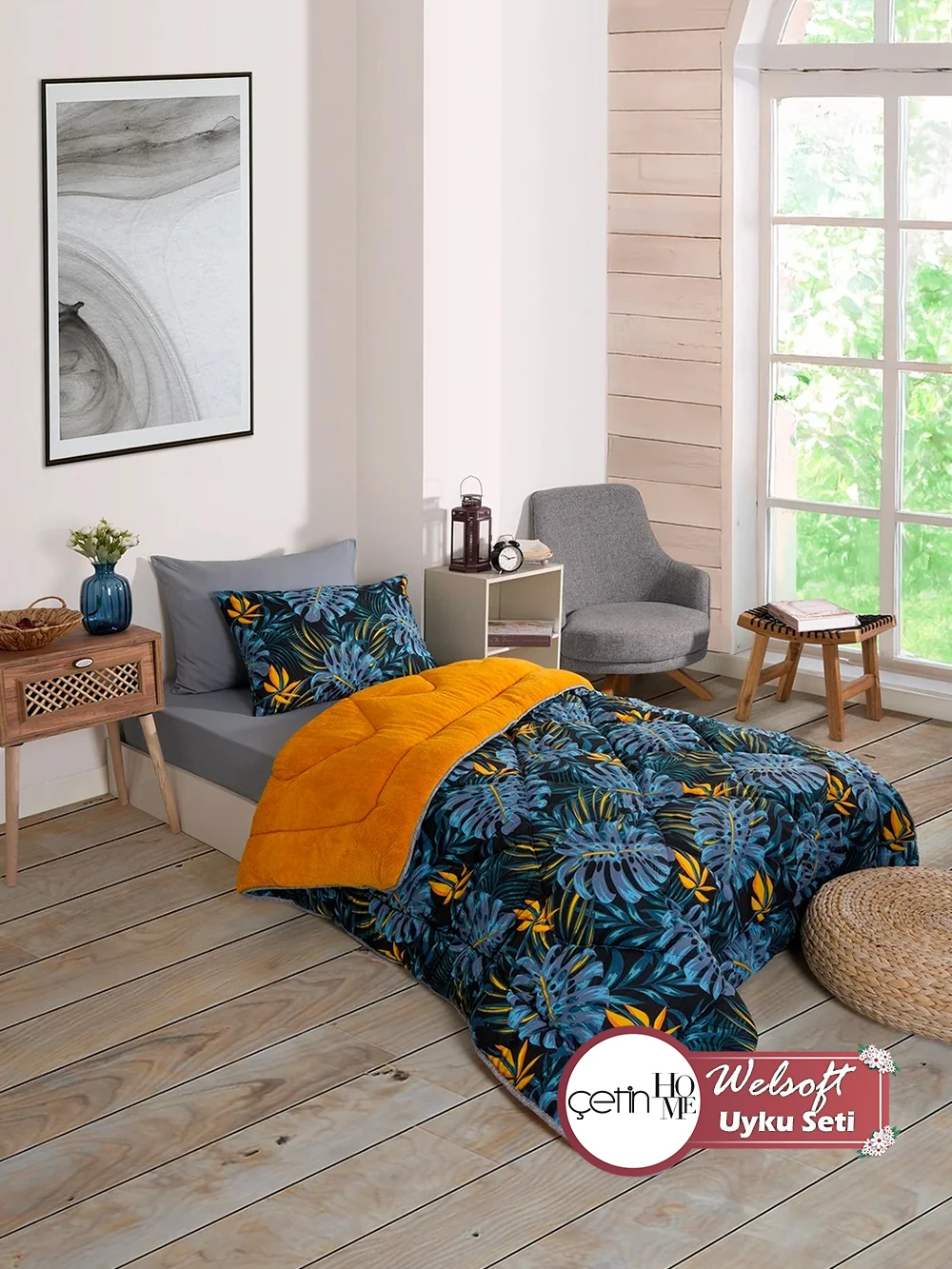 Çetinhome Tek Kişilik Çarşafı Lastikli Welsoft Uyku Seti - Monestera Hardal