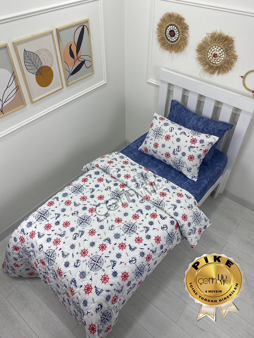 Çetinhome Tek Kişilik Çarşafı Lastikli Kapitone Pike Takımı 4 Mevsim Denizci