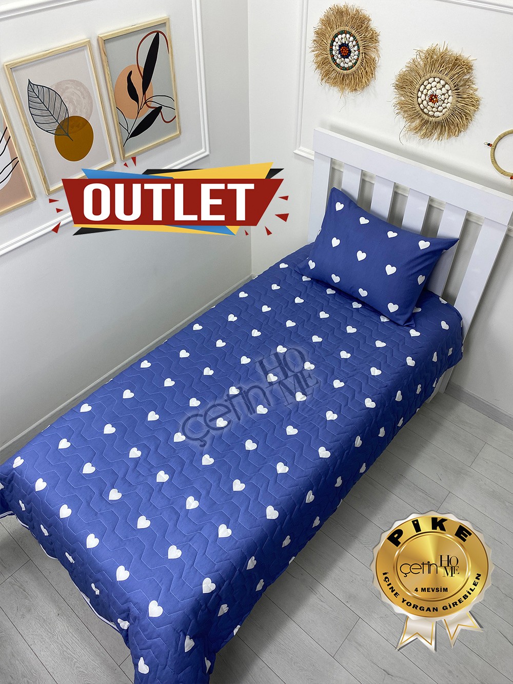 Outlet Tek Kişilik Kapitone Pike Seti 4 Mevsim Blue Kalp