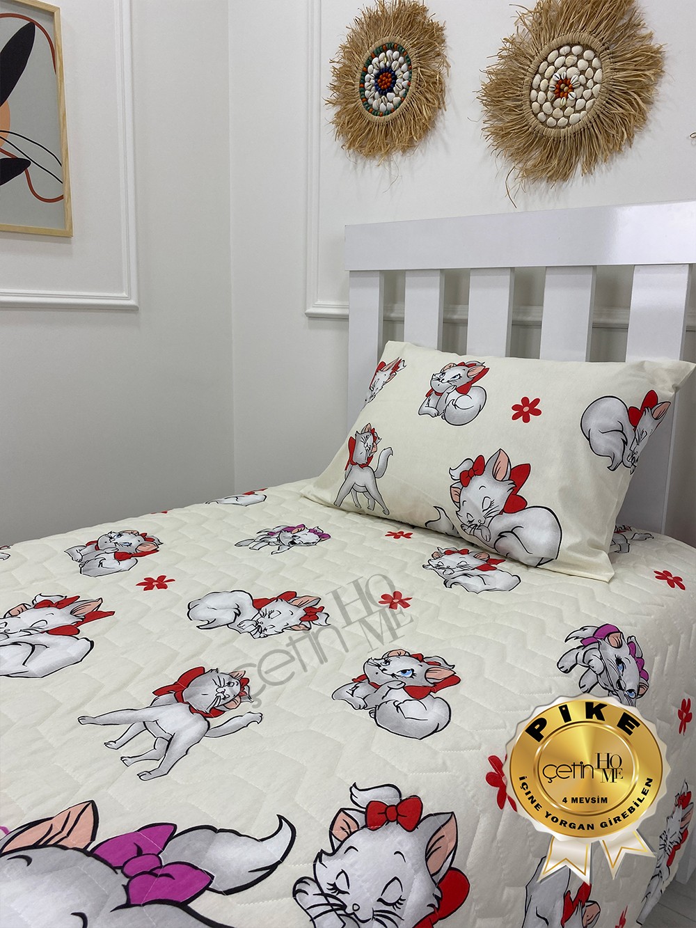 Çetinhome Tek Kişilik Kapitone Pike Seti 4 Mevsim Sevimli Kedi