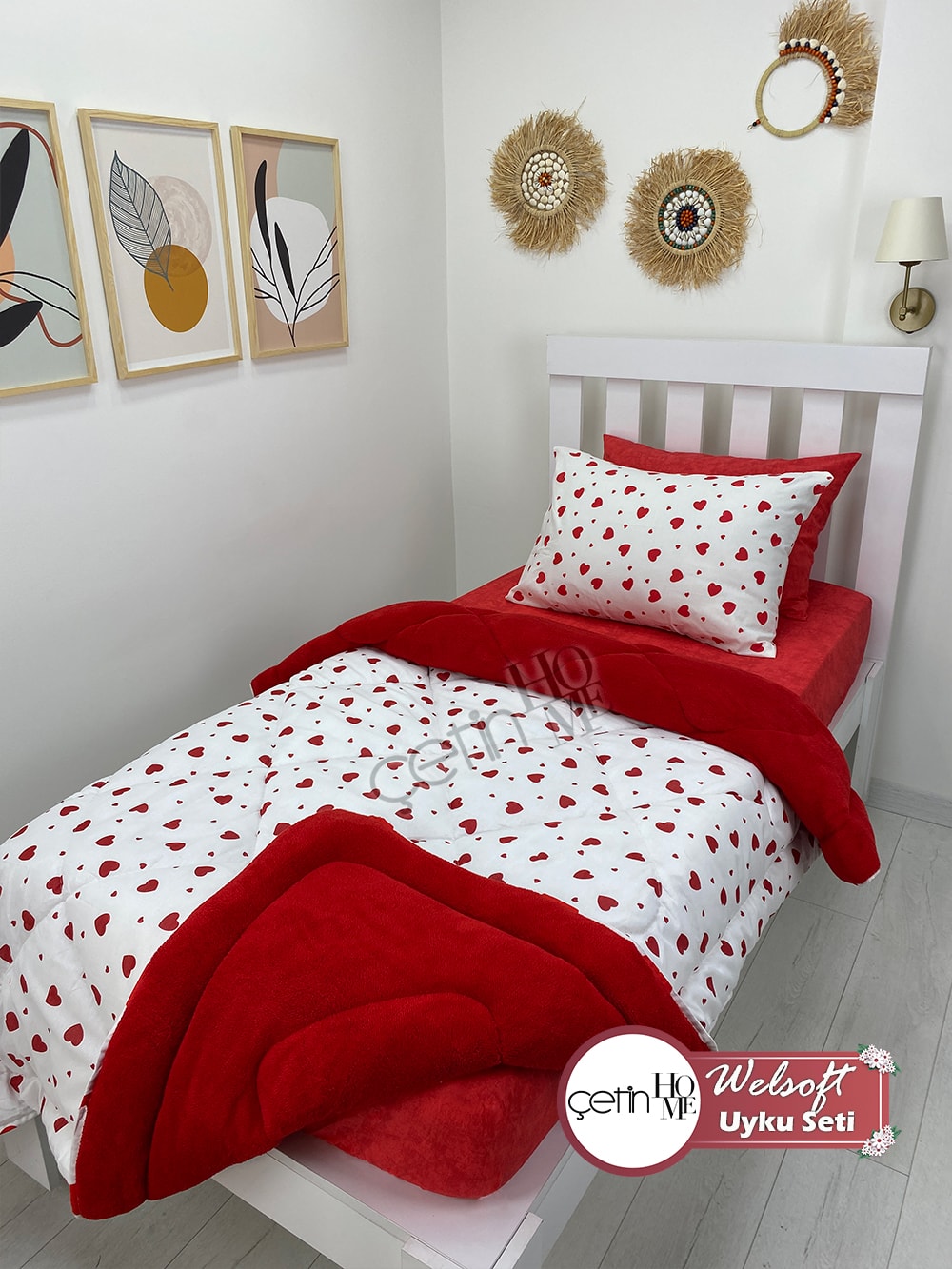 Çetinhome Tek Kişilik Çarşafı Lastikli Desenli Welsoft Yorgan Kalp Kırmızı