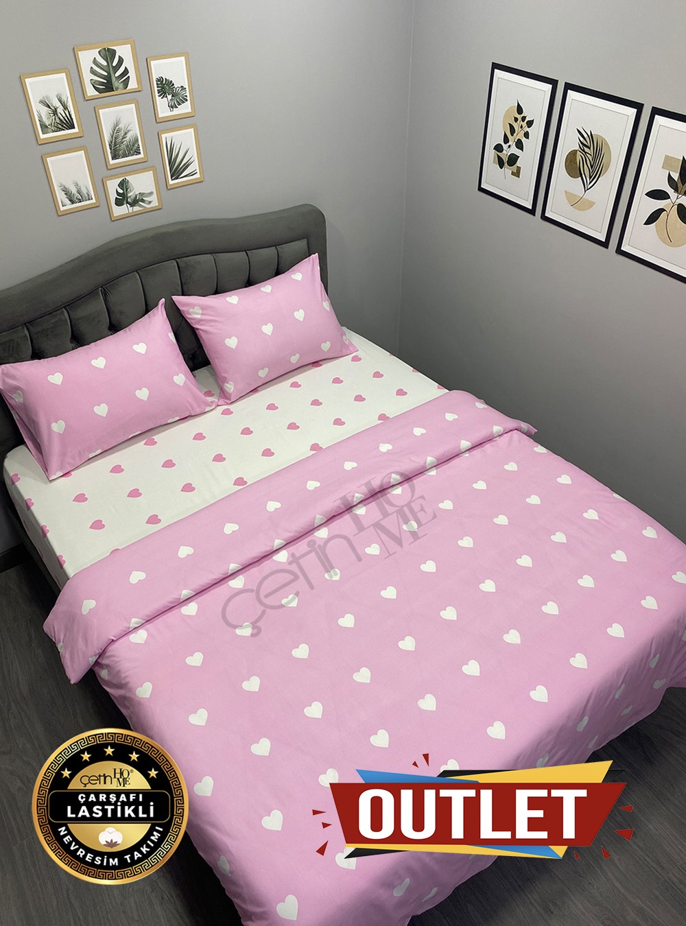 Outlet Çift Kişilik Çarşafı Lastikli Nevresim Takımı Pink Kalp