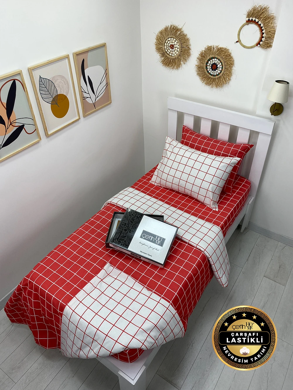 Çetinhome Çarşafı Lastikli Tek Kişilik Nevresim Takımı Kare Kiremit