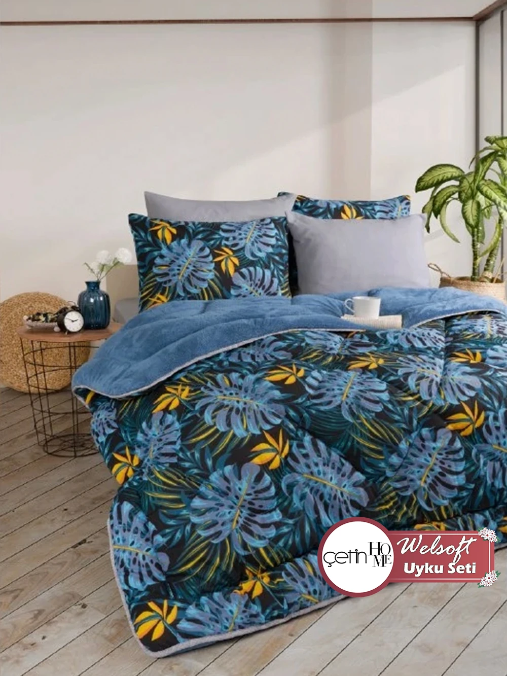 Çetinhome Çift Kişilik Çarşafı Lastikli Welsoft Uyku Seti - Monestera Indigo