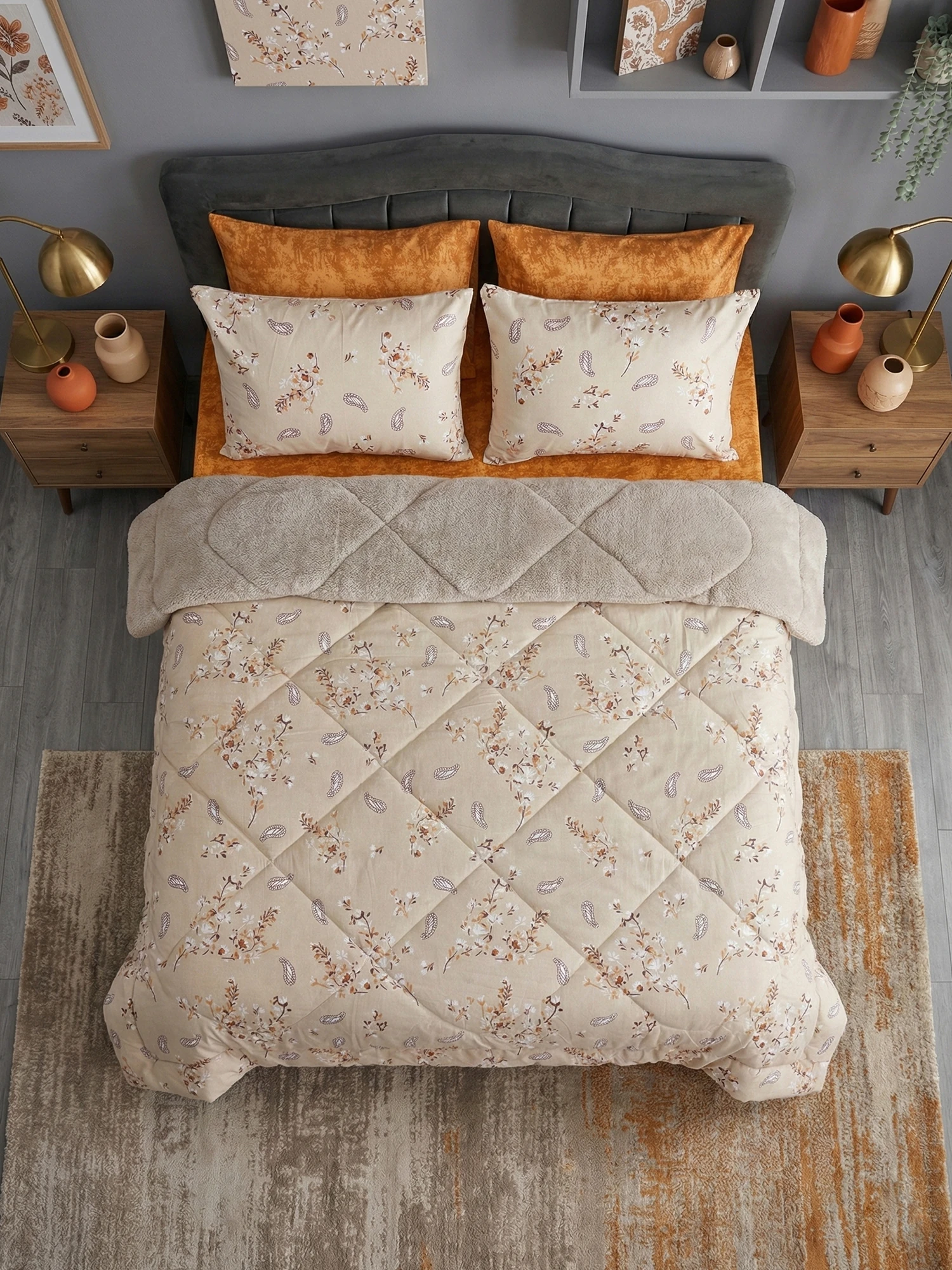 Çetinhome Çift Kişilik Çarşafı Lastikli Desenli Welsoft Yorgan Seti Lavinya Bej - Kehribar