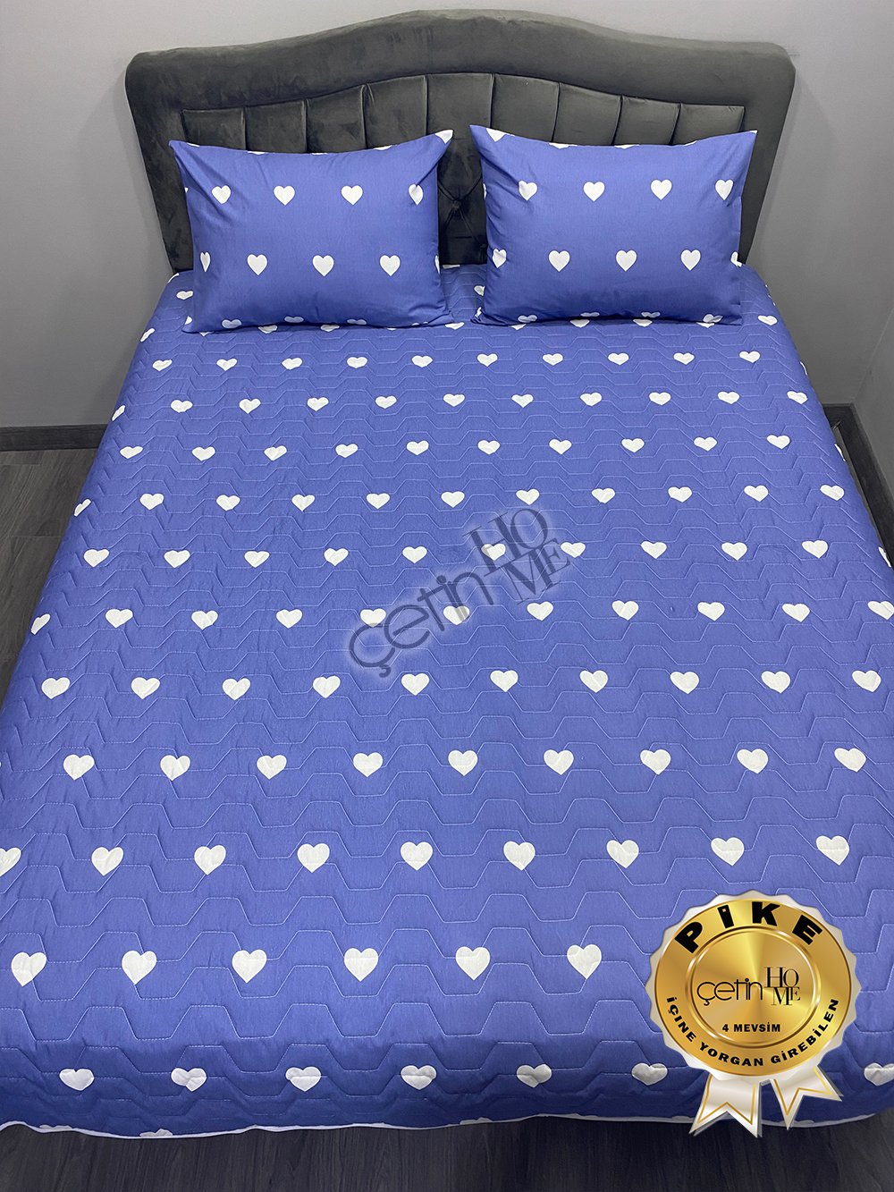 Çetinhome Çift Kişilik Kapitone Pike Seti 4 Mevsim Blue Kalp