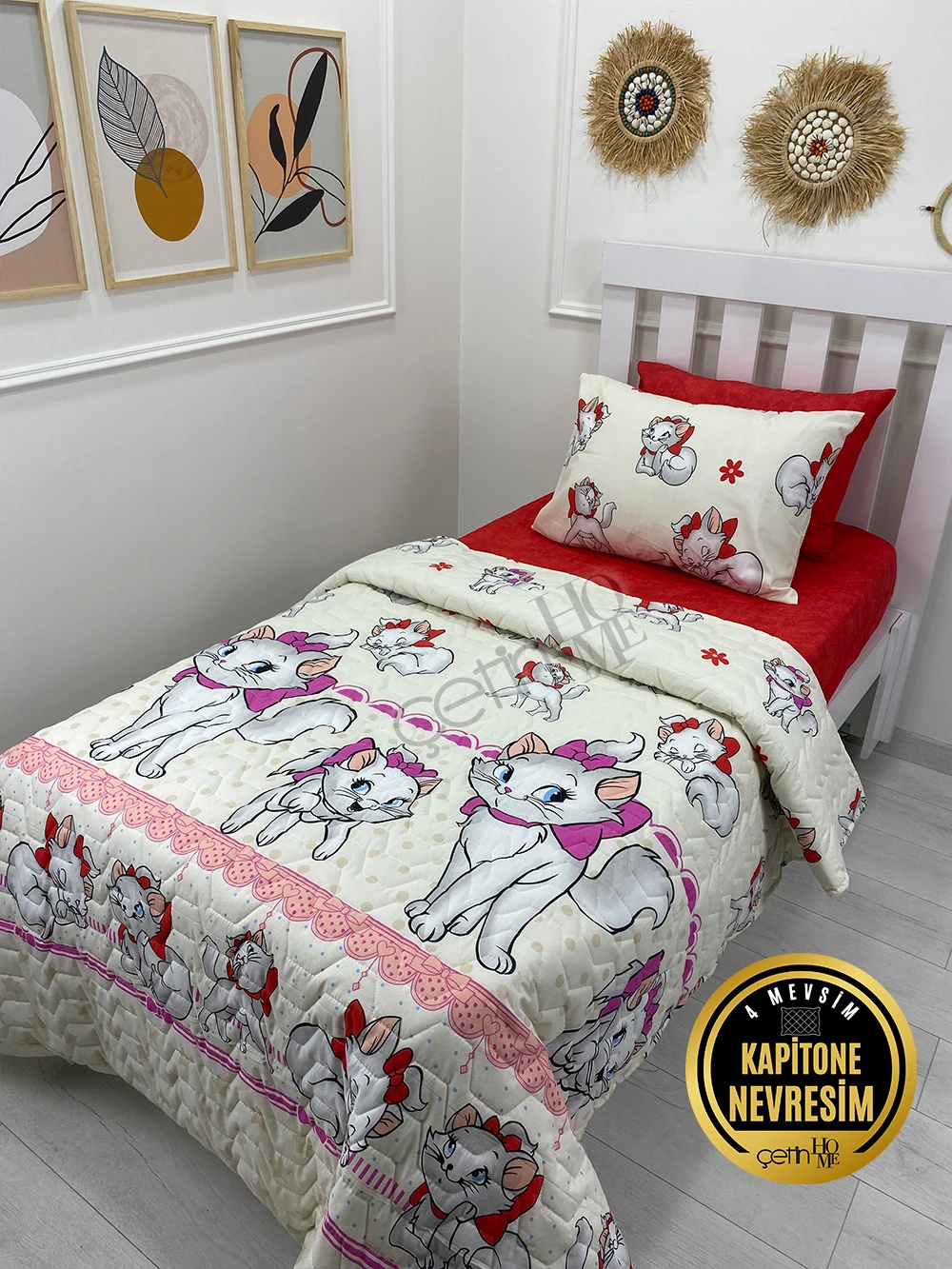 Çetinhome Tek Kişilik Çarşafı Lastikli Kapitone Pike Takımı 4 Mevsim Sevimli Kedi