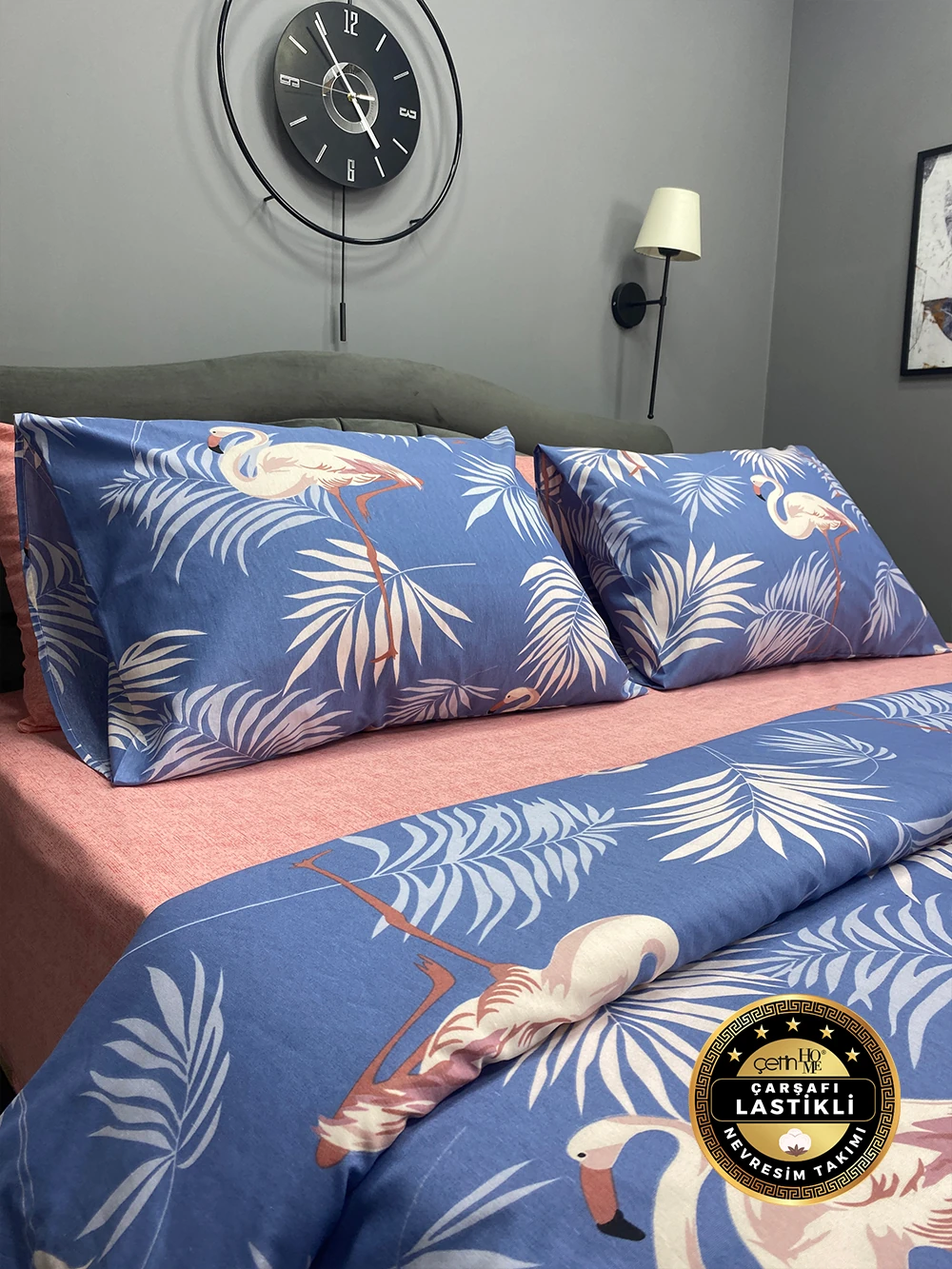 Çetinhome Çarşafı Lastikli Çift Kişilik Nevresim Takımı Kuğu
