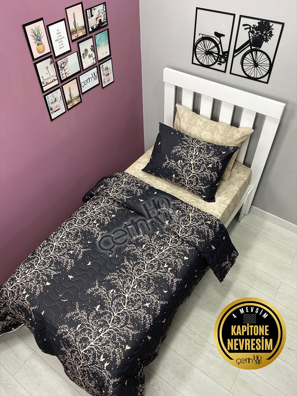 Çetinhome Tek Kişilik Çarşafı Lastikli Kapitone Pike Takımı 4 Mevsim Silva Siyah