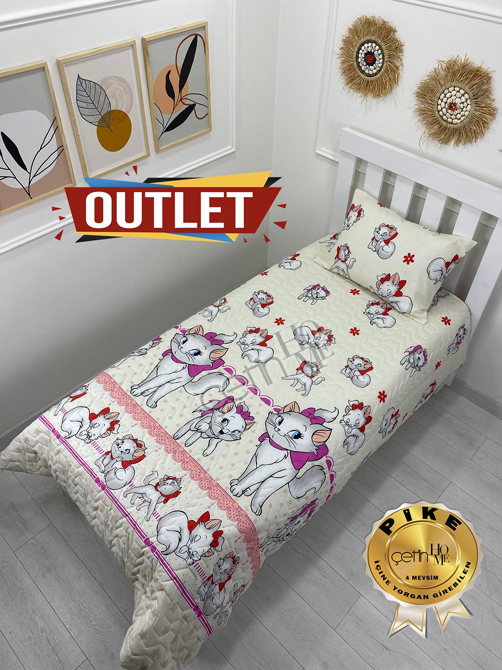 Outlet Tek Kişilik Kapitone Pike Seti 4 Mevsim Kedi