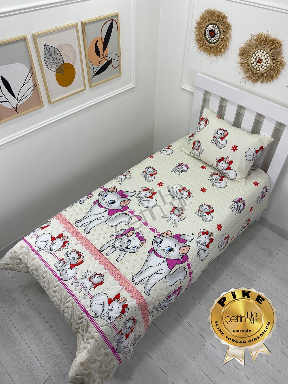 Çetinhome Tek Kişilik Kapitone Pike Seti 4 Mevsim Sevimli Kedi