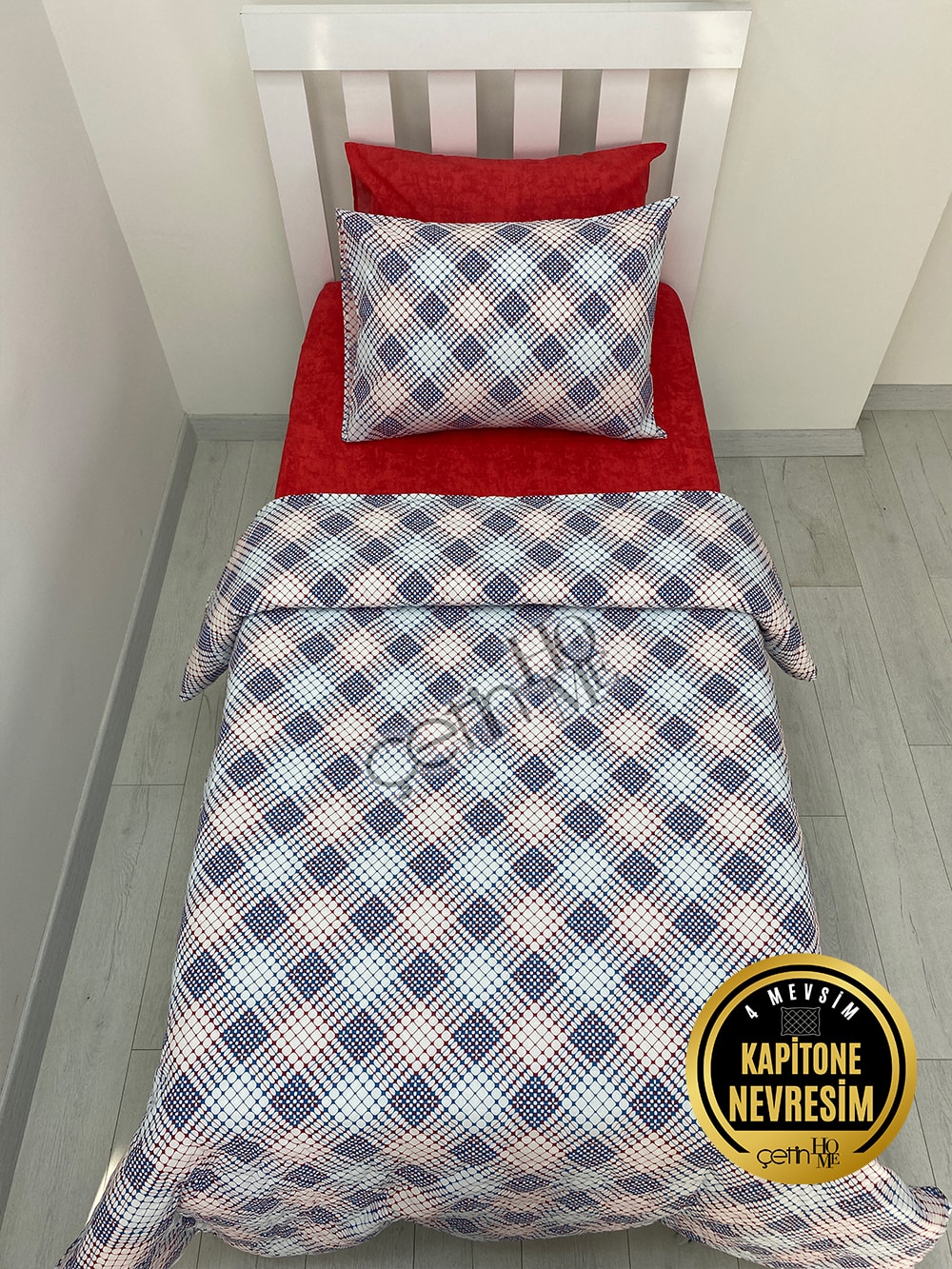 Çetinhome Tek Kişilik Çarşafı Lastikli Kapitone Pike Takımı 4 Mevsim Milan Kırmızı