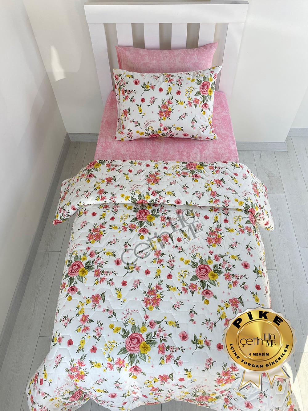 Çetinhome Tek Kişilik Çarşafı Lastikli Kapitone Pike Takımı 4 Mevsim Gülben