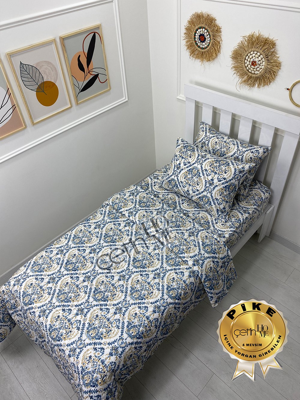 Çetinhome Tek Kişilik Çarşafı Lastikli Kapitone Pike Takımı 4 Mevsim Harem Mavi