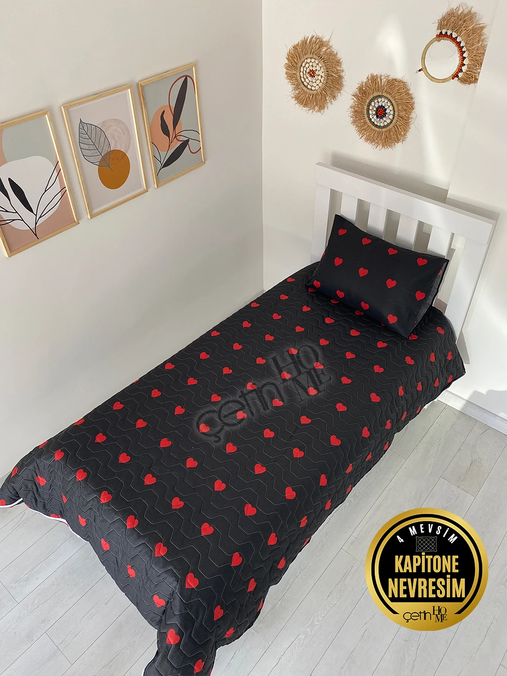 Çetinhome Tek Kişilik Kapitone Pike Seti 4 Mevsim Siyah Kalp