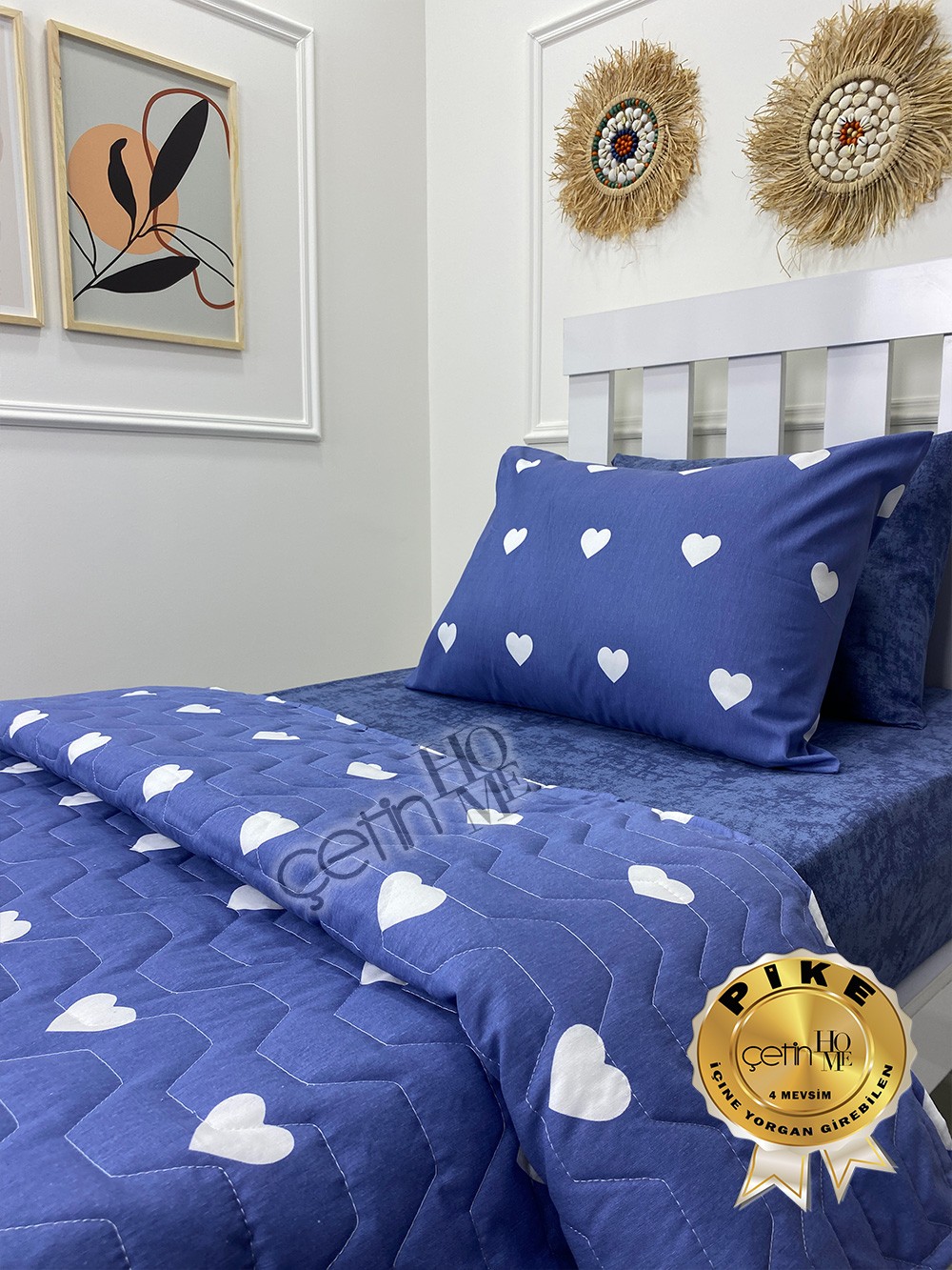 Çetinhome Tek Kişilik Çarşafı Lastikli Kapitone Pike Takımı 4 Mevsim Blue Kalp