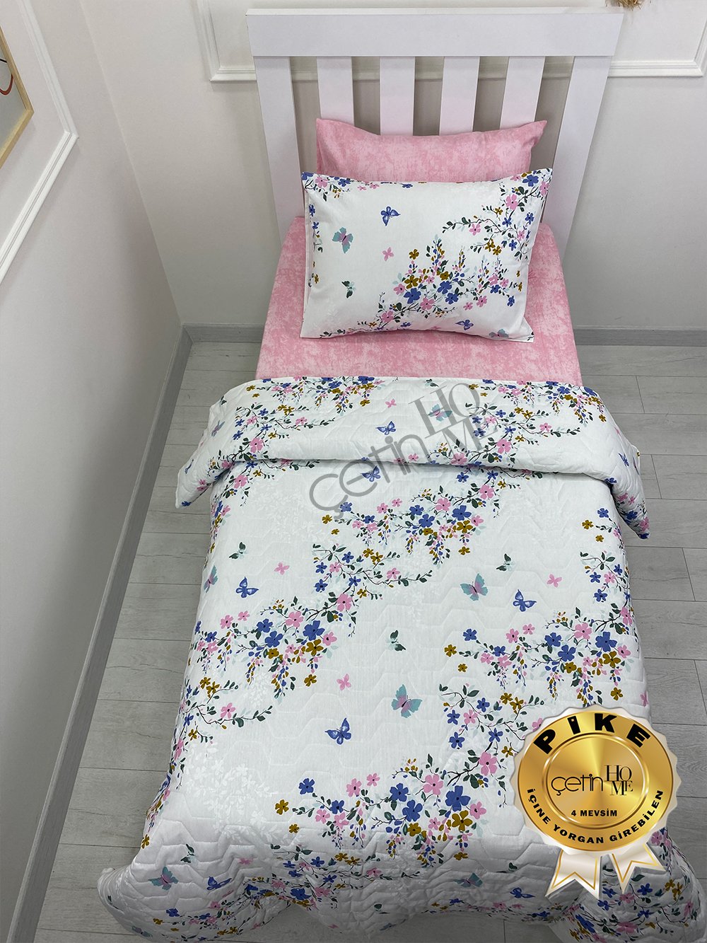 Çetinhome Tek Kişilik Çarşafı Lastikli Kapitone Pike Takımı 4 Mevsim Bahar
